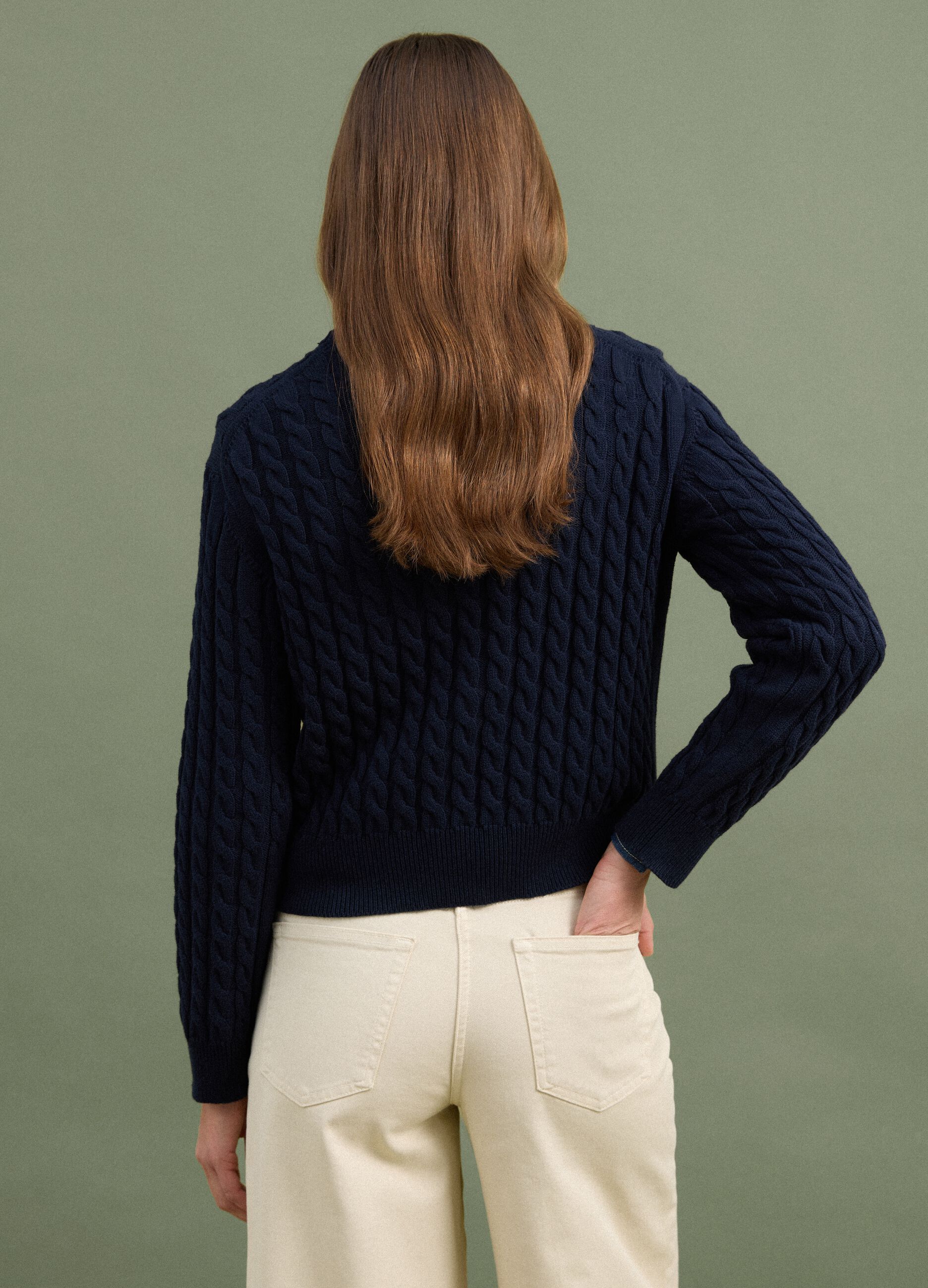 Blue pure cotton cable-knit crew-neck jumper, regular fit
