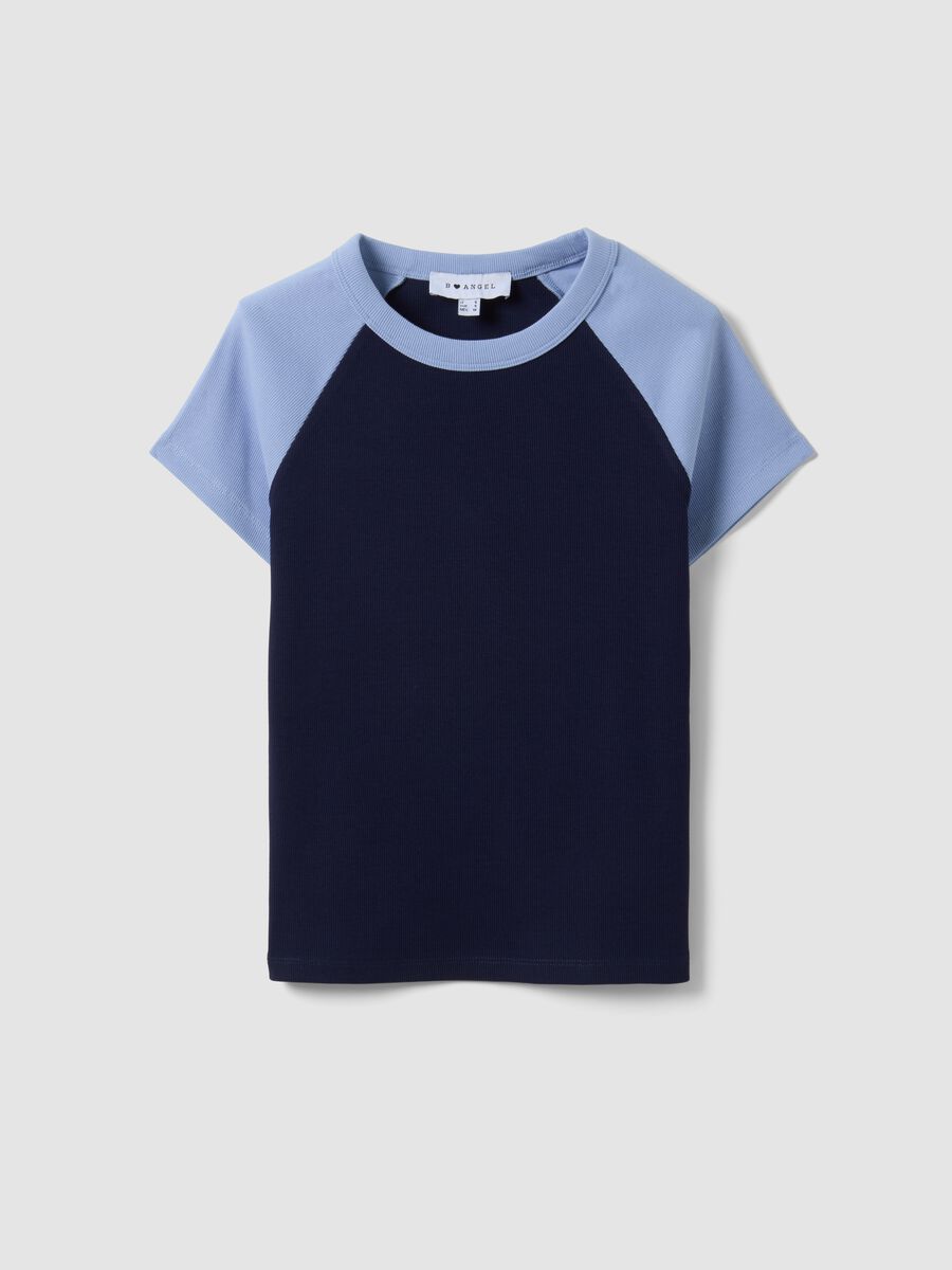Blue stretch cotton crew-neck T-shirt with contrast sleeves_4