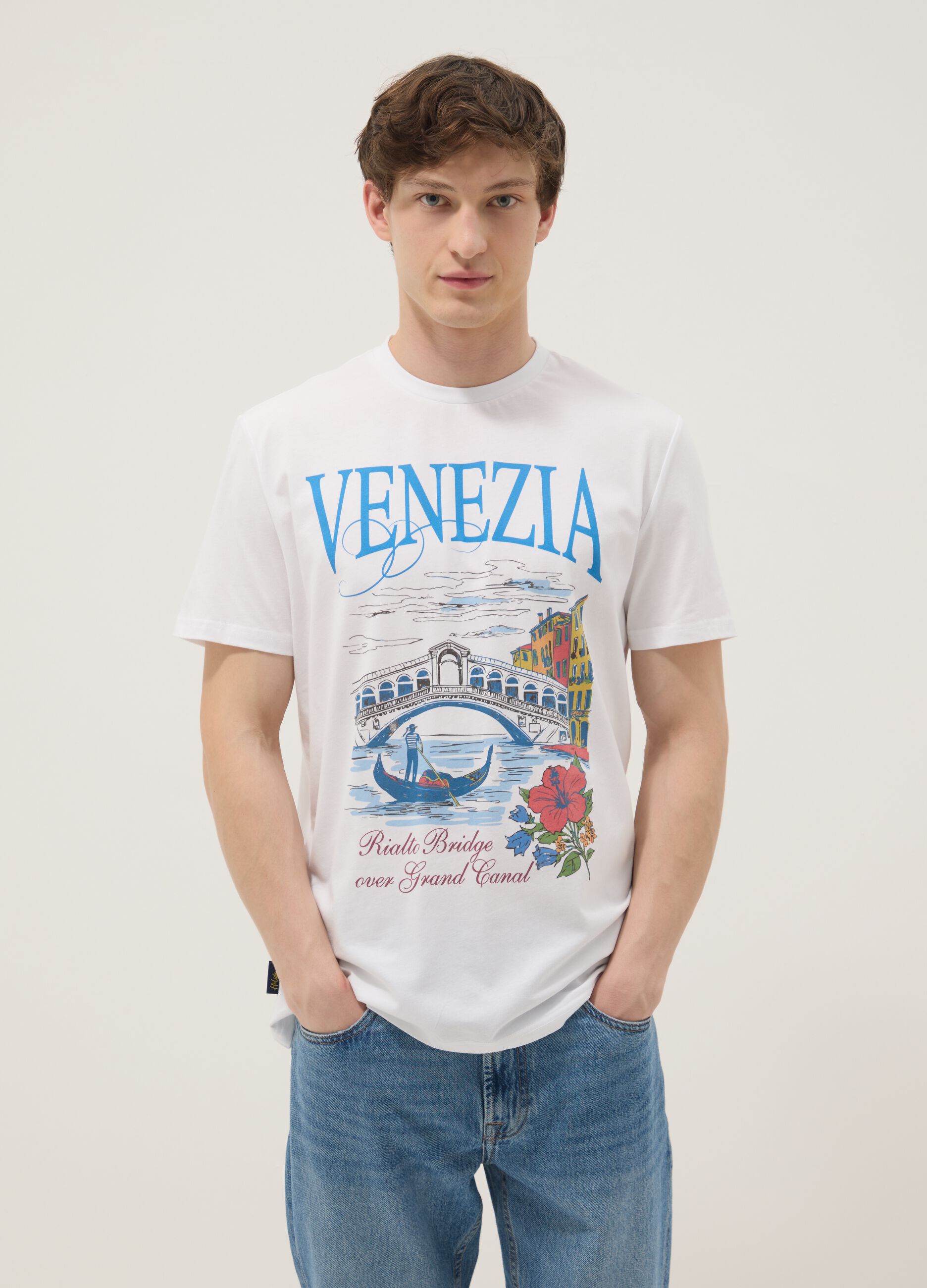 White 100% cotton T-shirt with graphic print, regular fit