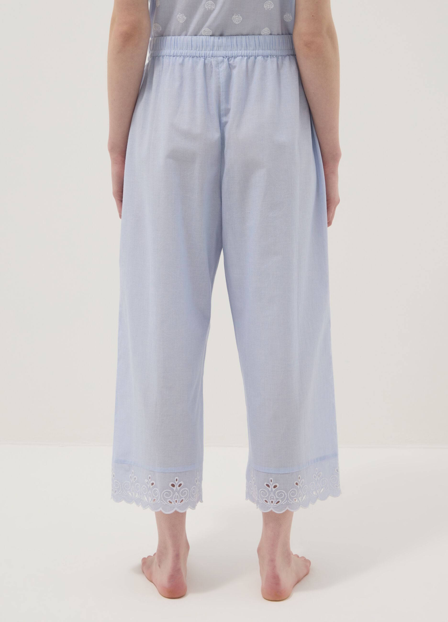 Light blue organic cotton pyjama trousers with broderie anglaise hem