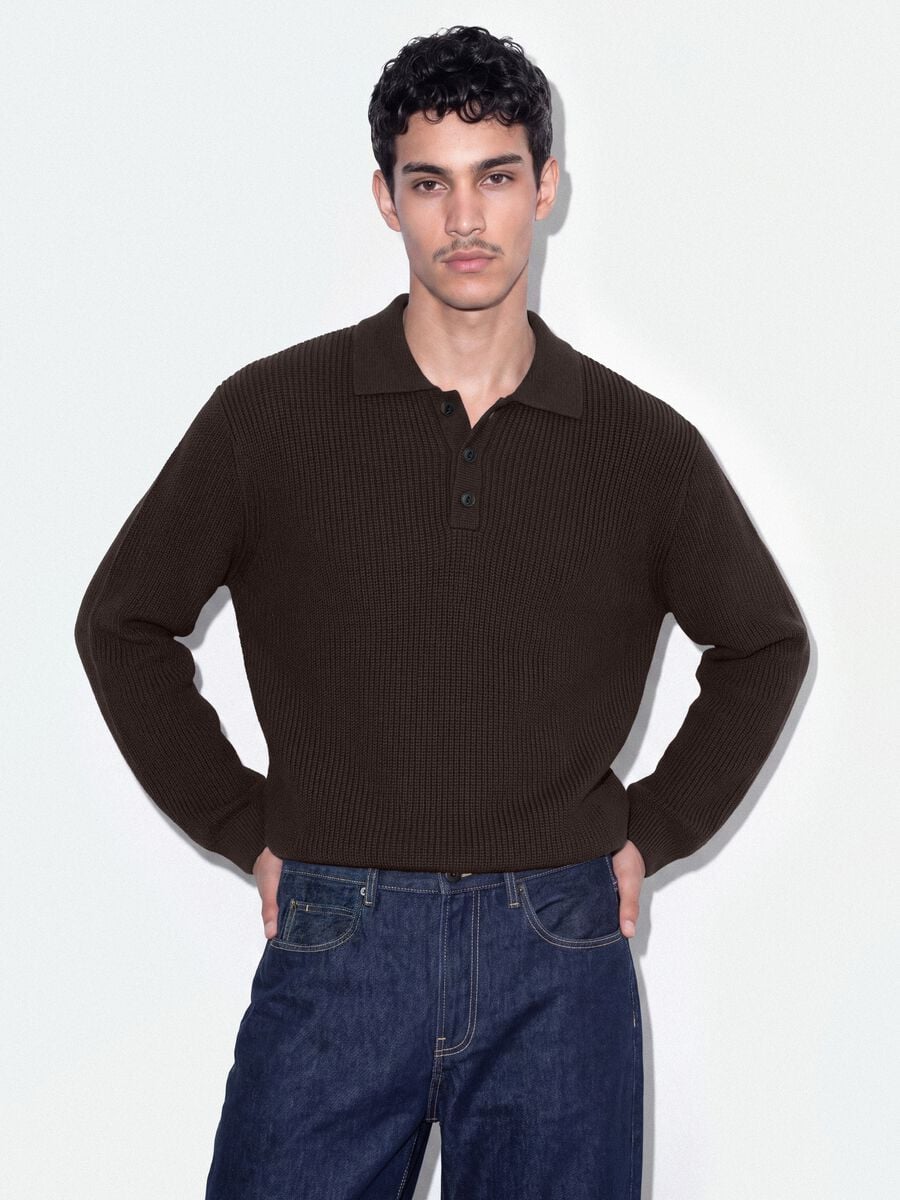 Maglia marrone in puro cotone con colletto polo over fit_0