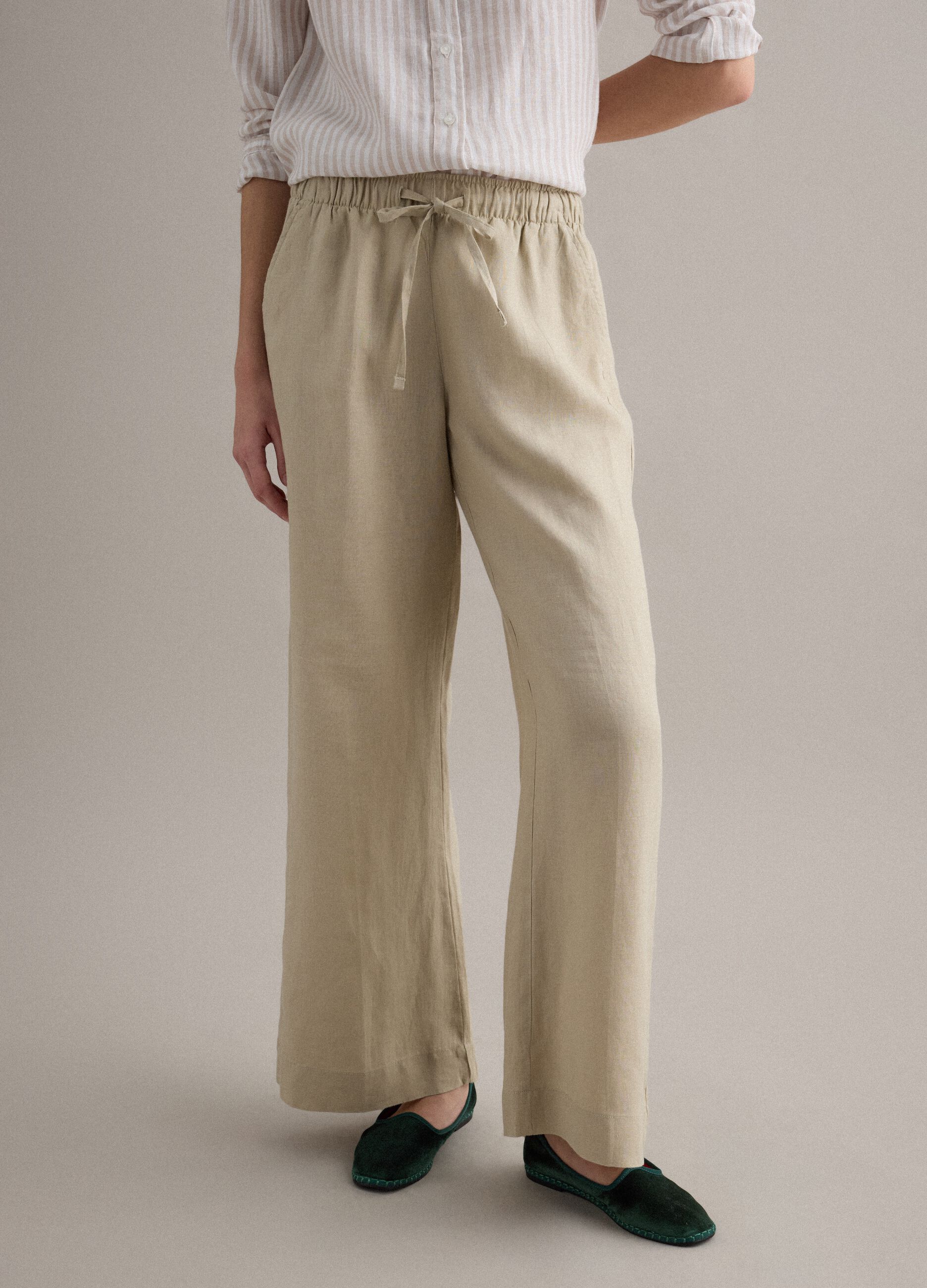 Beige pure linen straight-fit trousers with drawstring