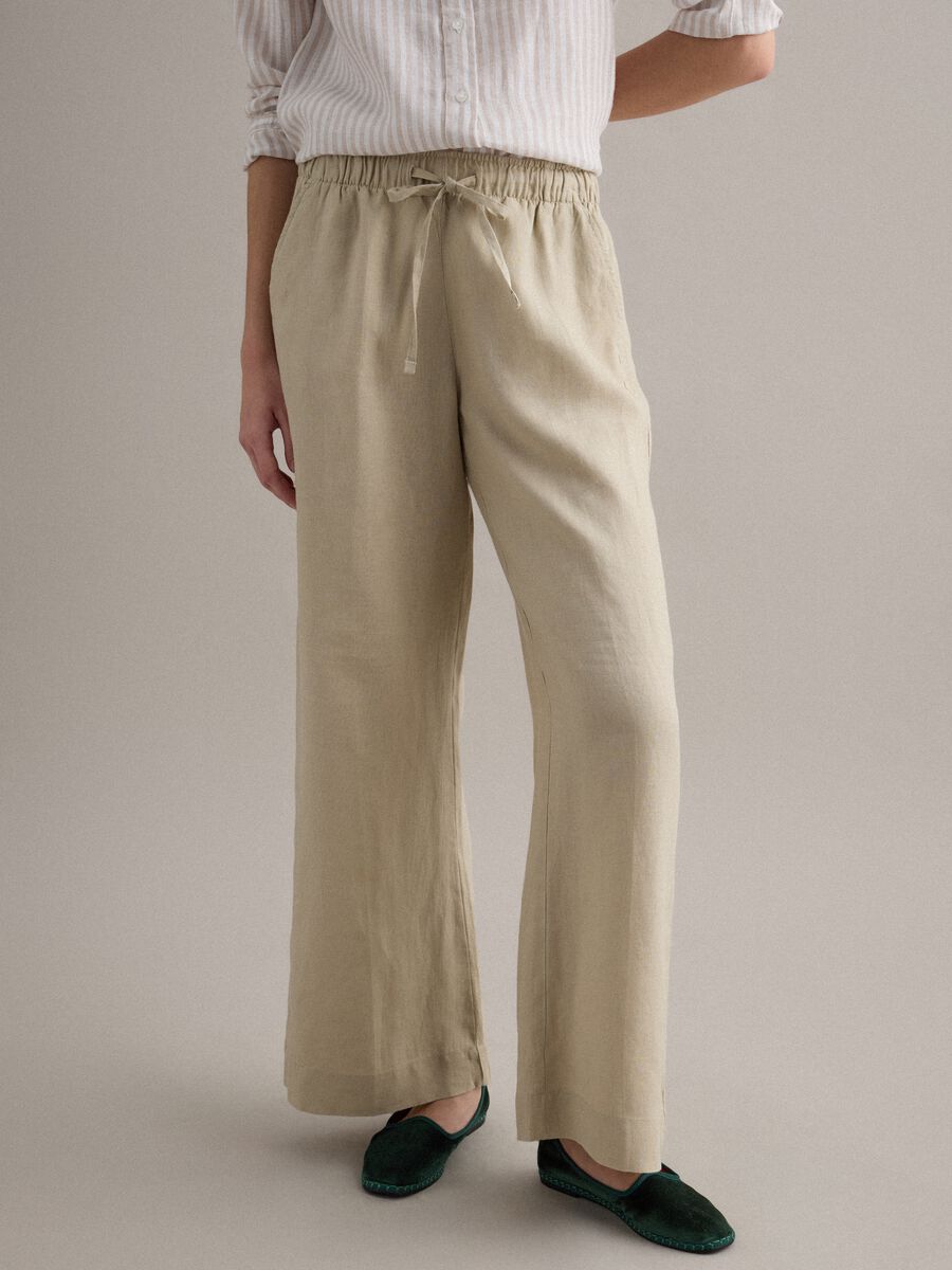 Pantaloni beige in puro lino con coulisse straight fit_2