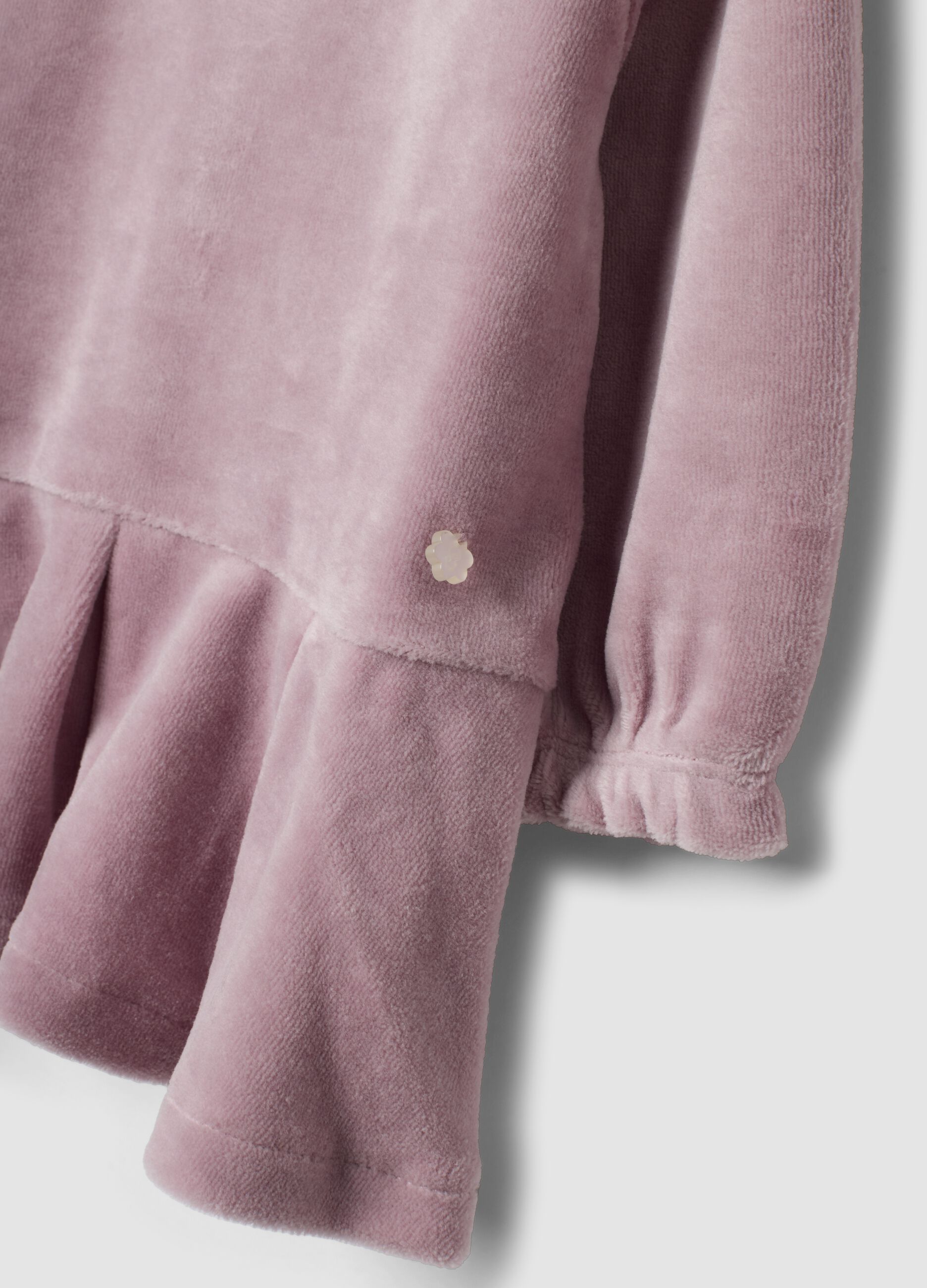 Abito viola malva in misto cotone organico con ricamo e balza