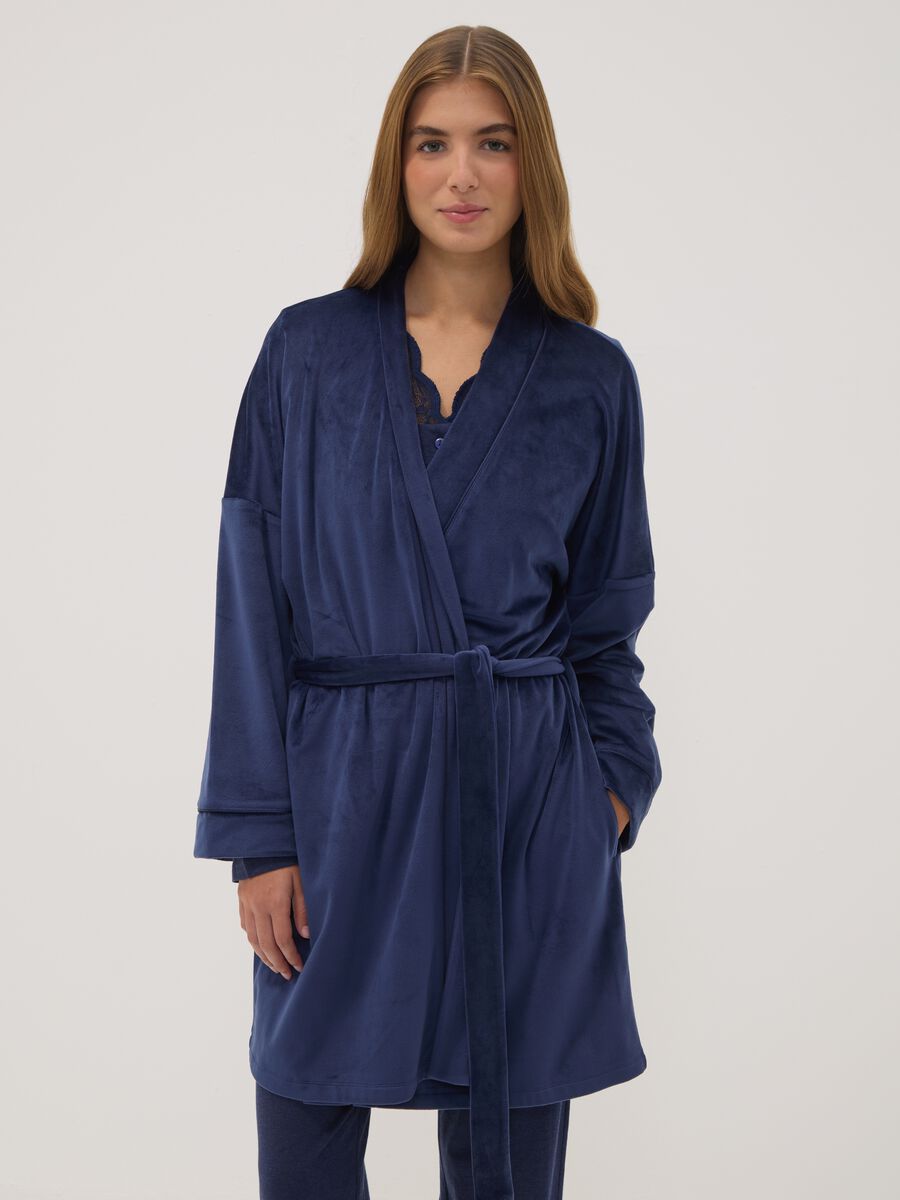 Blue stretch-fabric dressing gown with belt_2