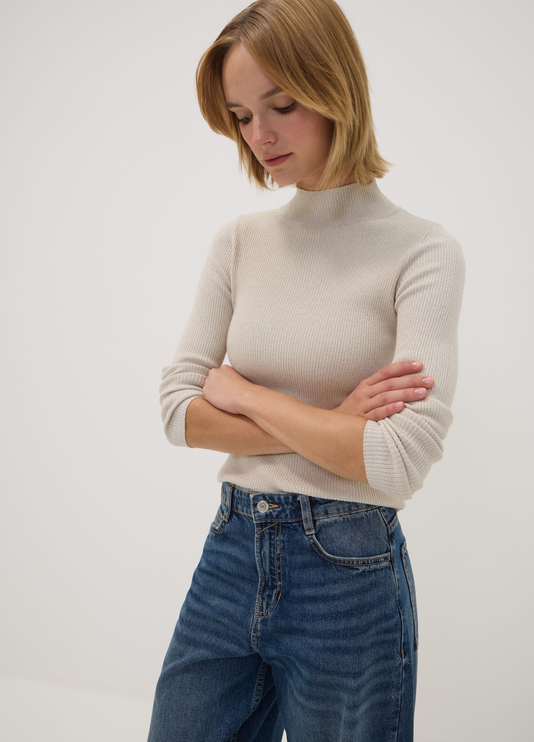 Beige ribbed viscose-blend jumper with high neck