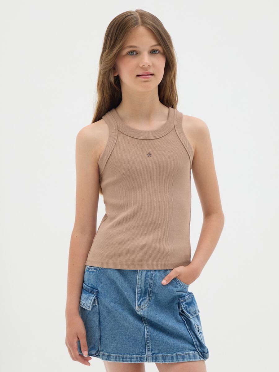 Beige Cotton Fitted Girls' Tank Top_0