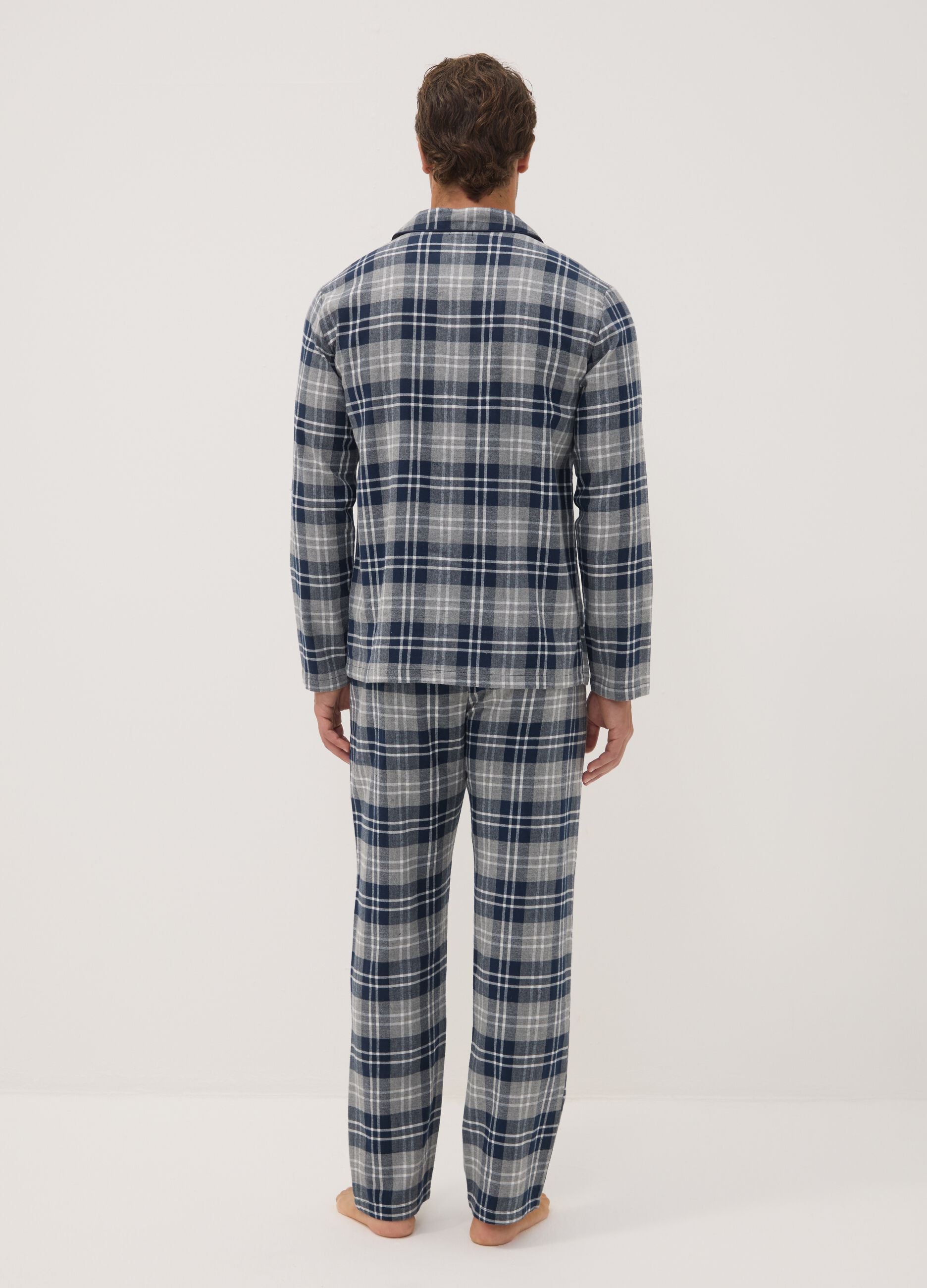 Grey and blue flannel pyjamas in pure organic cotton, regular fit