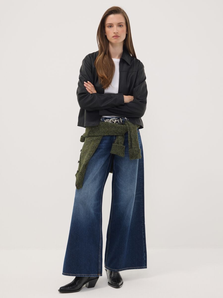 Blue pure cotton super wide-leg jeans_0