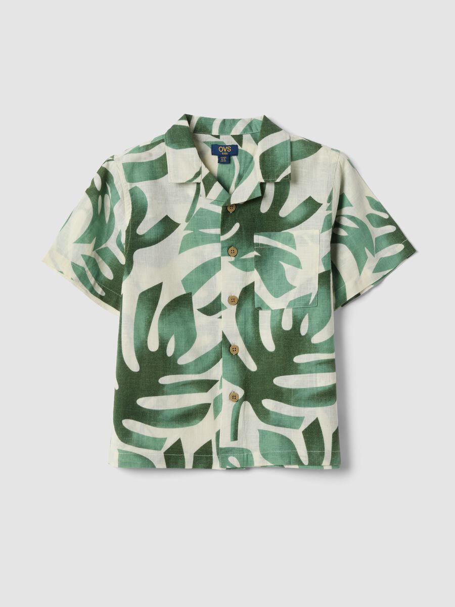 Green pure cotton shirt with tropical print_0