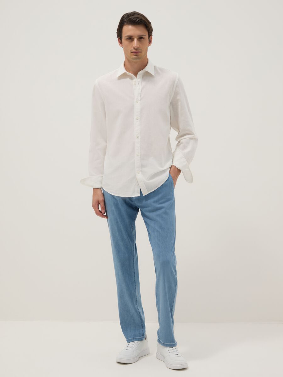 White regular fit linen-cotton blend shirt_1