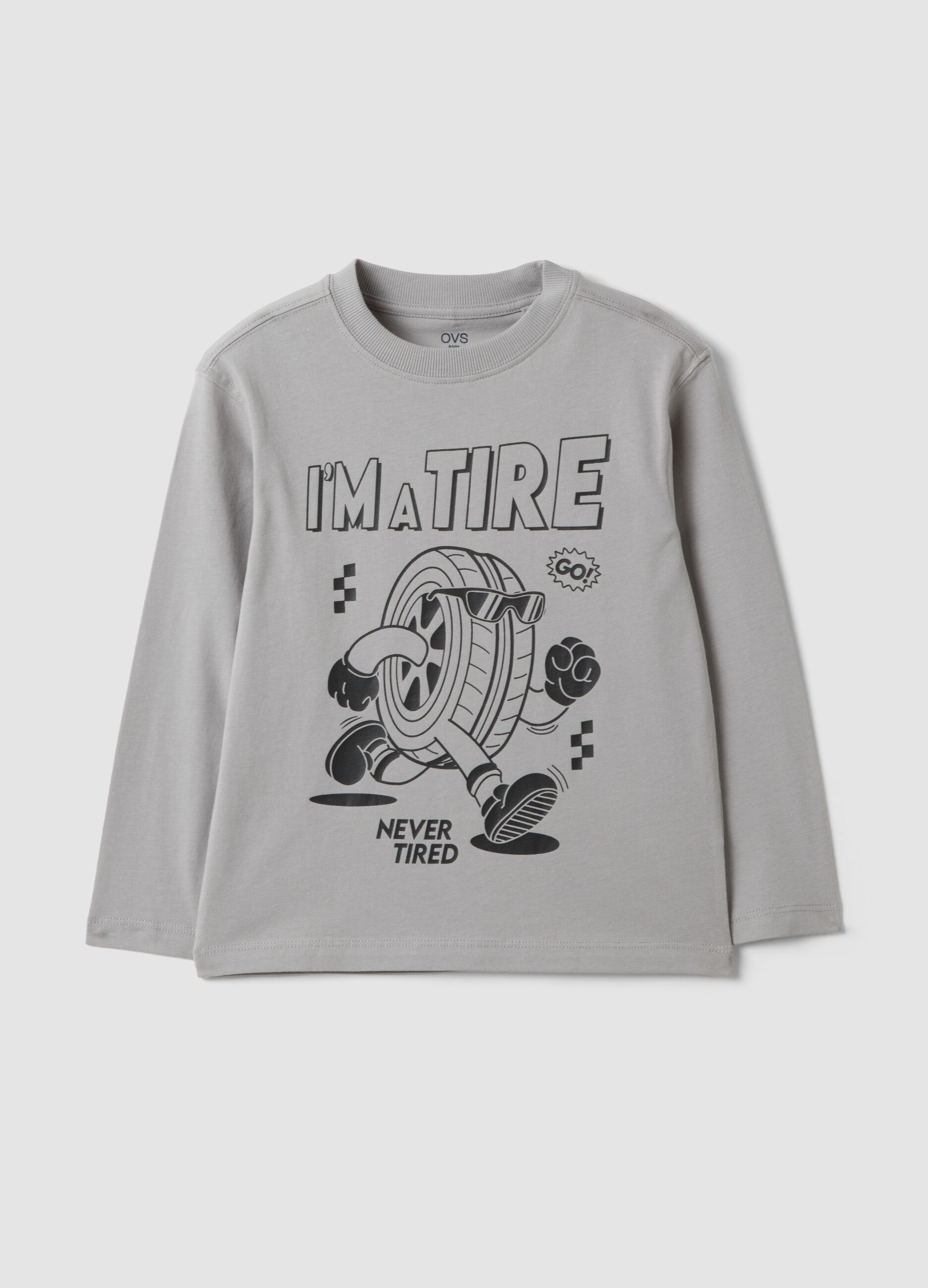 Grey oversized T-shirt in pure organic cotton with racing print for boys