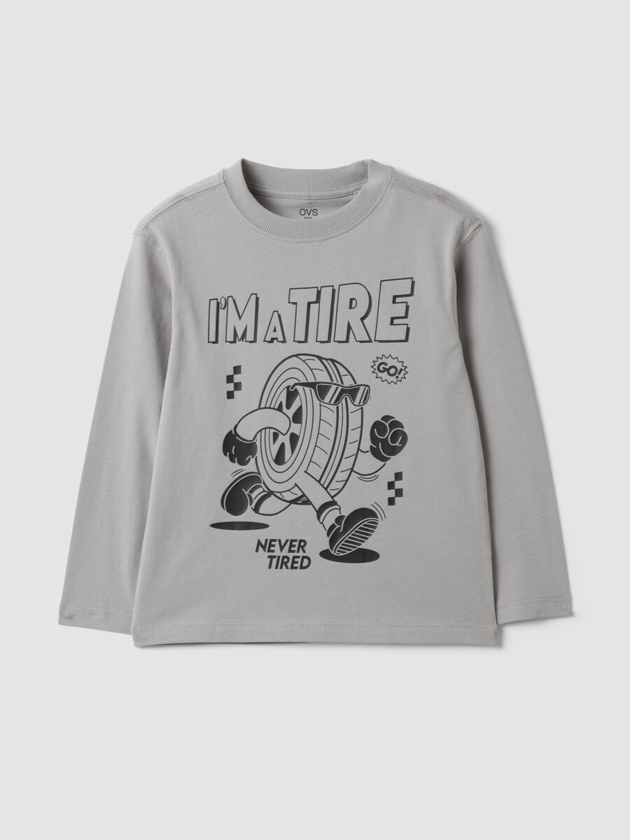 Grey oversized T-shirt in pure organic cotton with racing print for boys_0