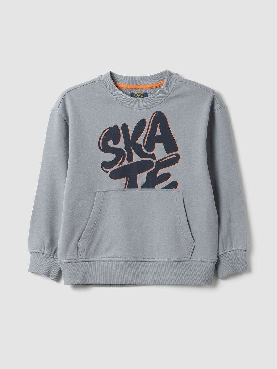 Grey oversized pure cotton hoodie with print and kangaroo pocket for boys_0