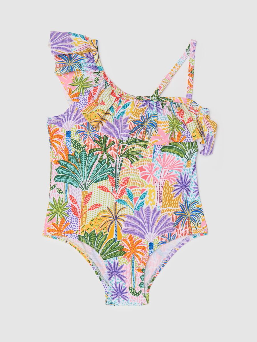 Yellow and purple swimsuit with flounce and tropical print_0