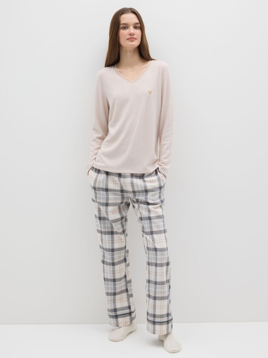 Beige ribbed pyjama top with regular fit and V-neck_0