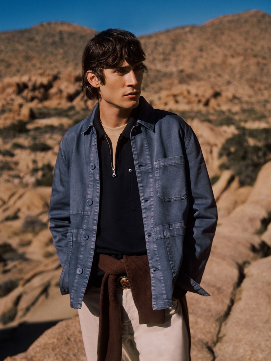 Felpa in puro cotone blu regular fit con mezza zip e colletto_0