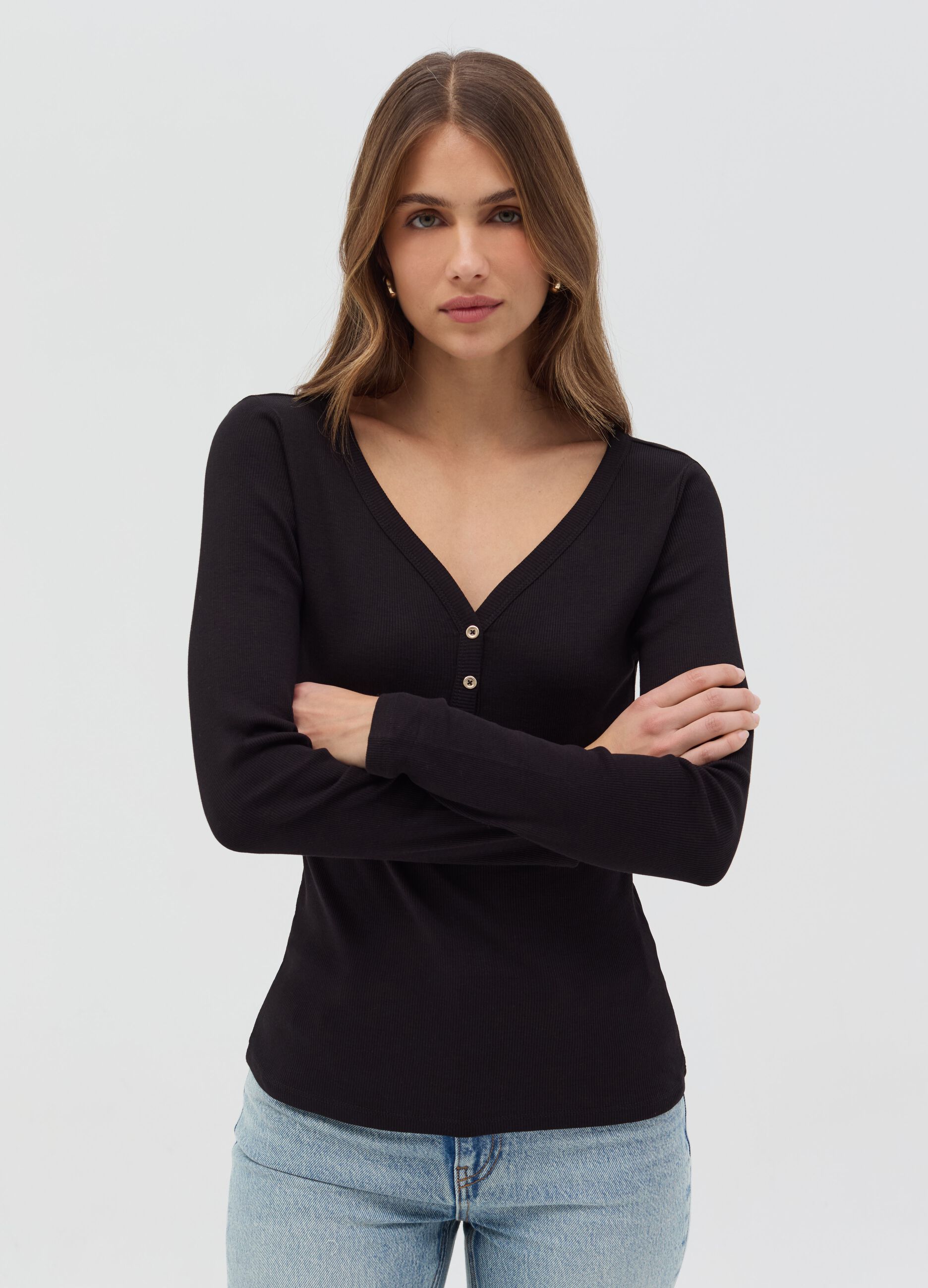 Ribbed t-shirt with granddad collar