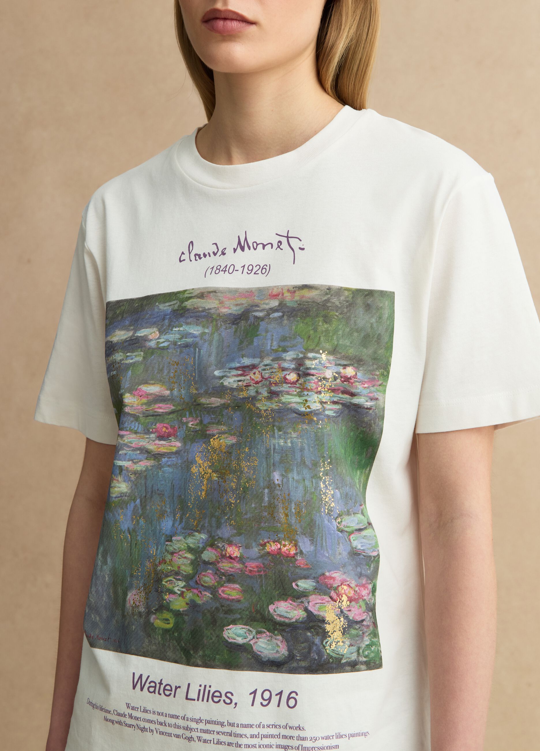 White pure cotton regular fit T-shirt with Monet print
