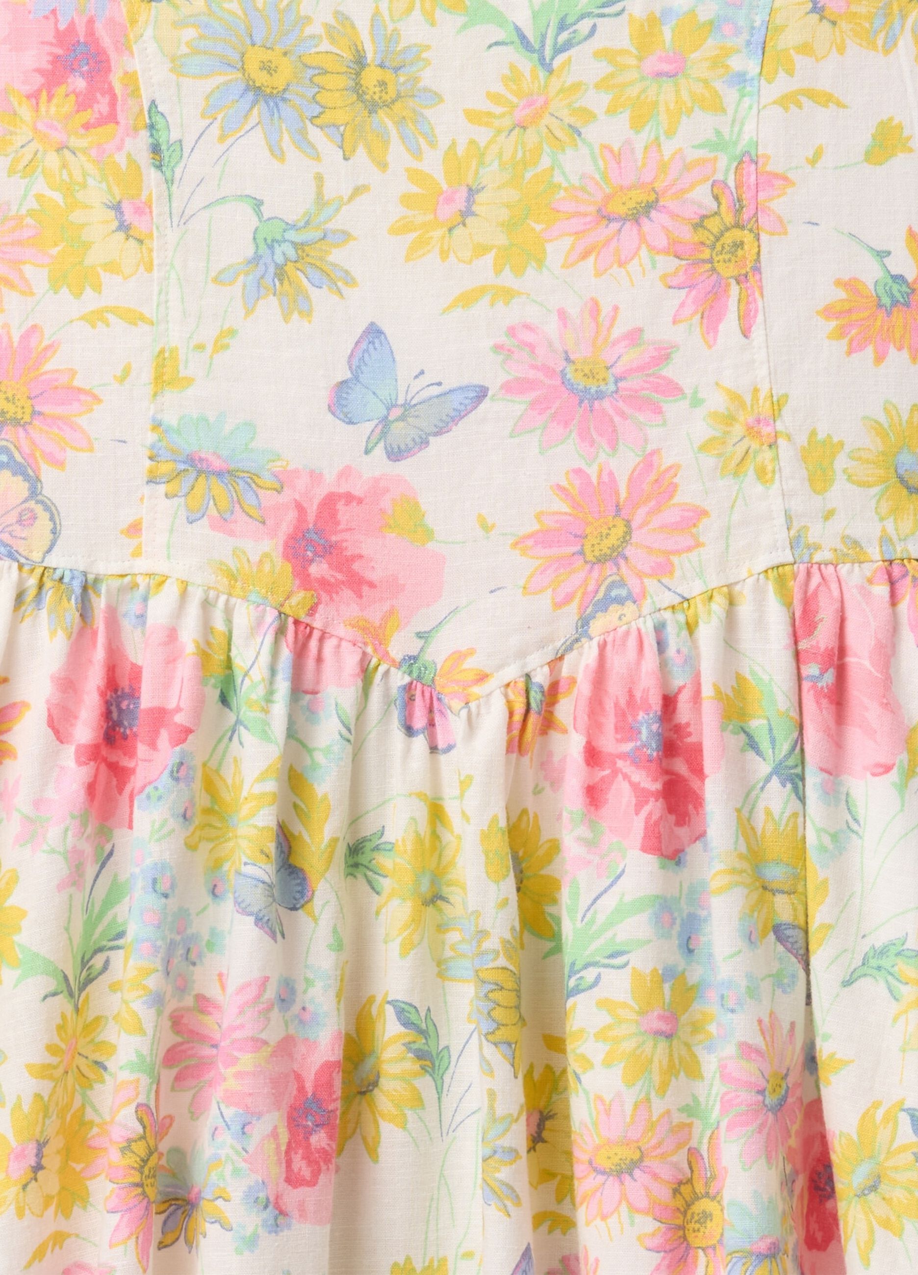 Dress with floral pattern in linen and cotton