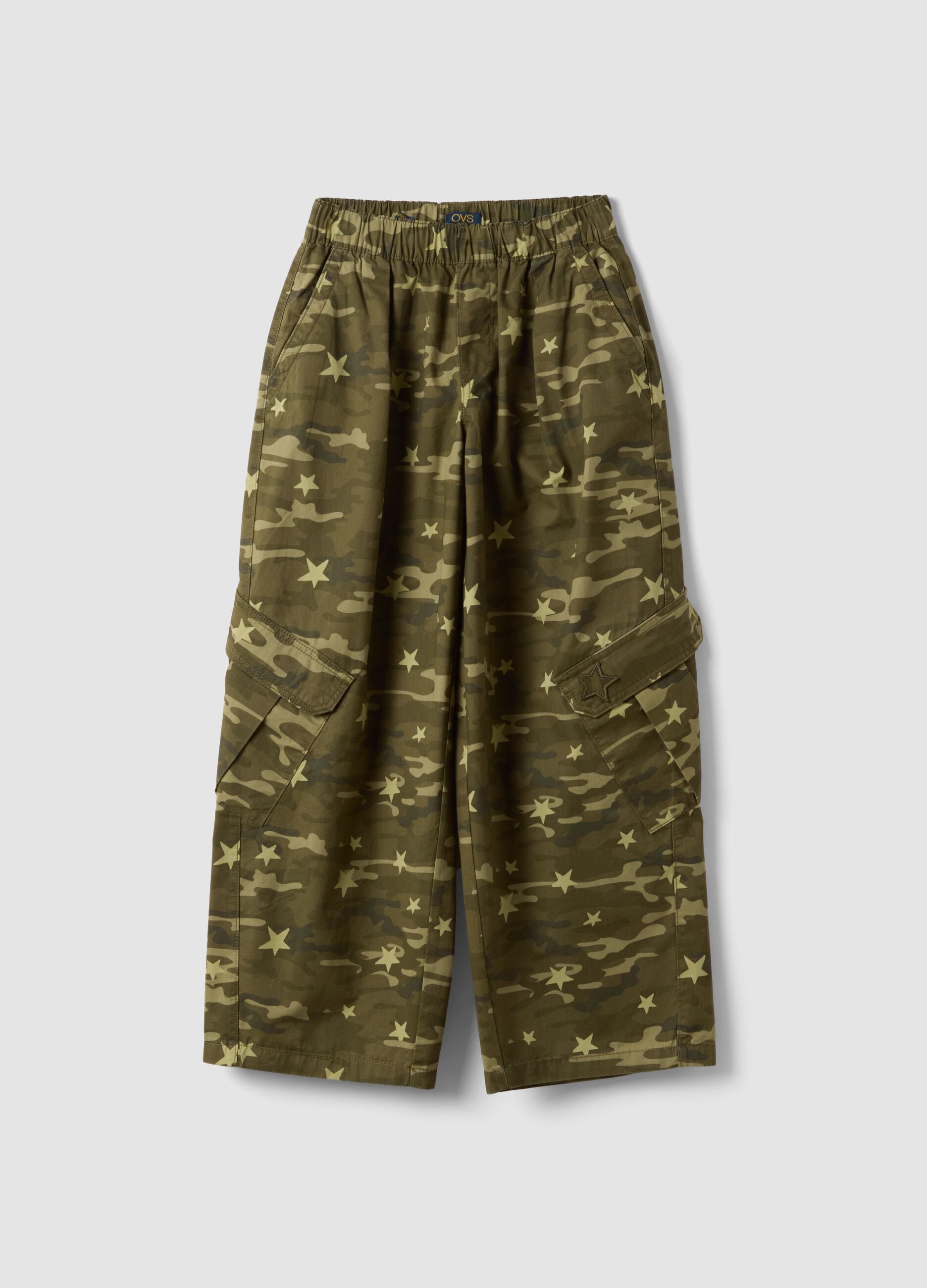 Green pure cotton wide-leg trousers with camo print