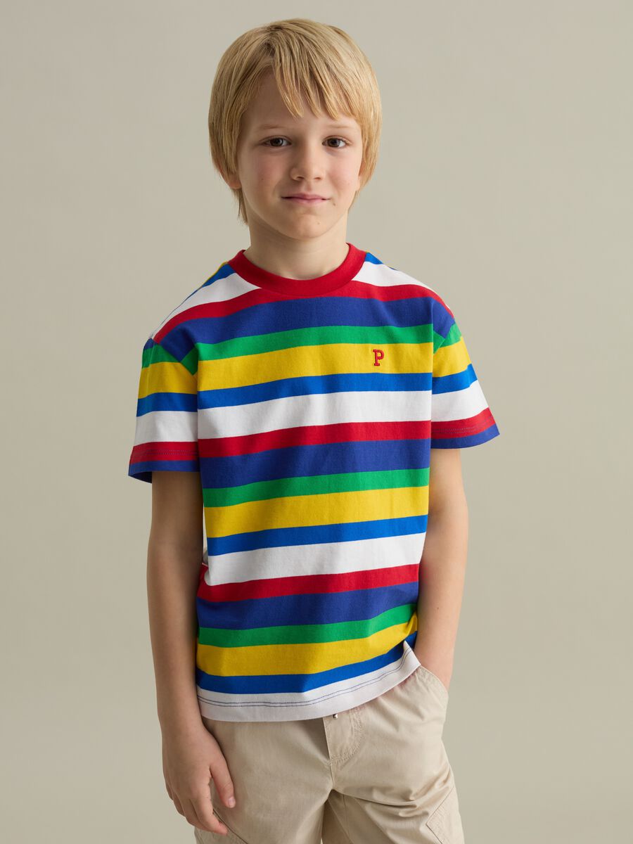 Striped cotton T-shirt with logo embroidery_0