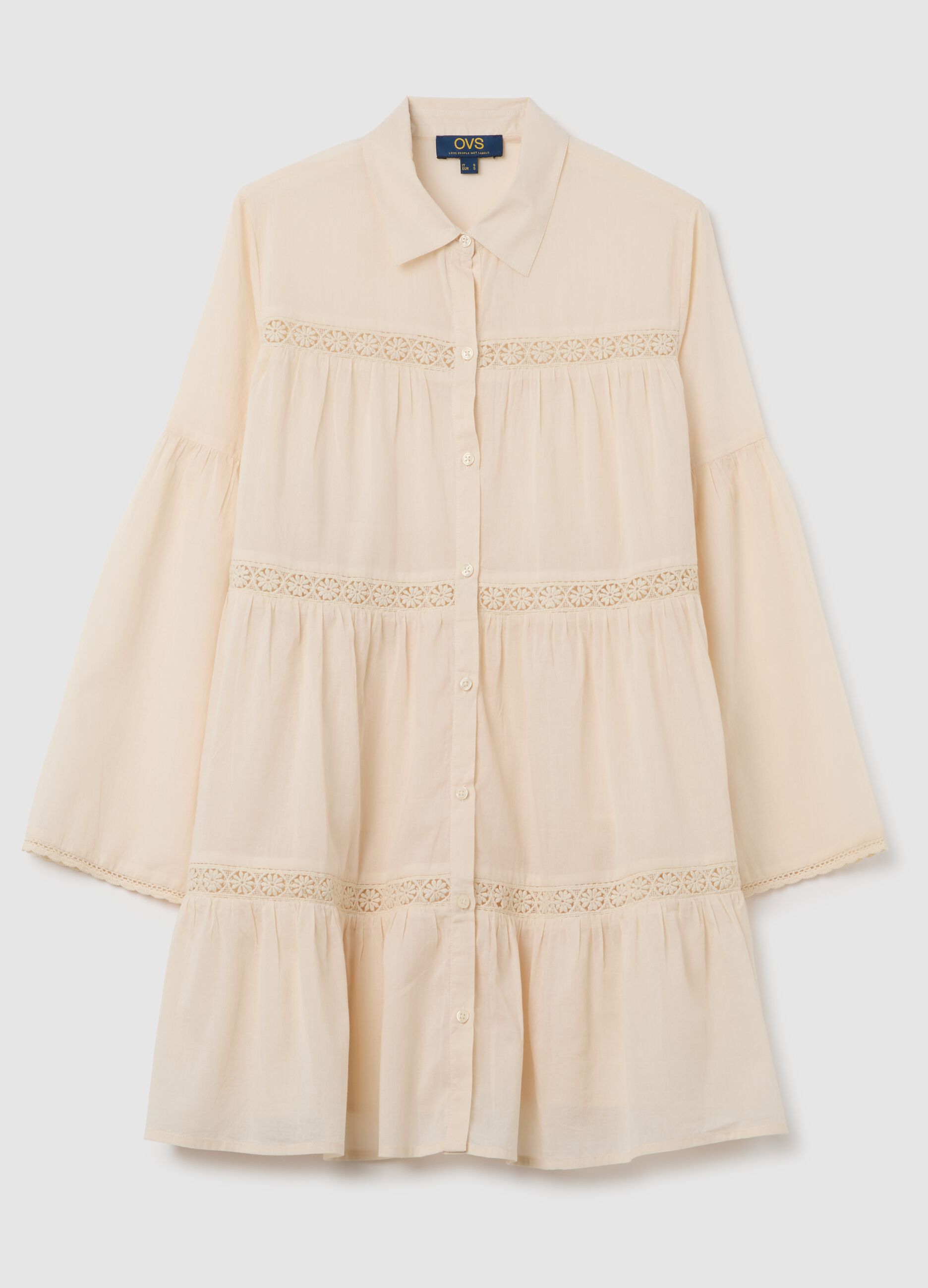 Copricostume corto da donna in puro cotone beige con dettagli ricamati