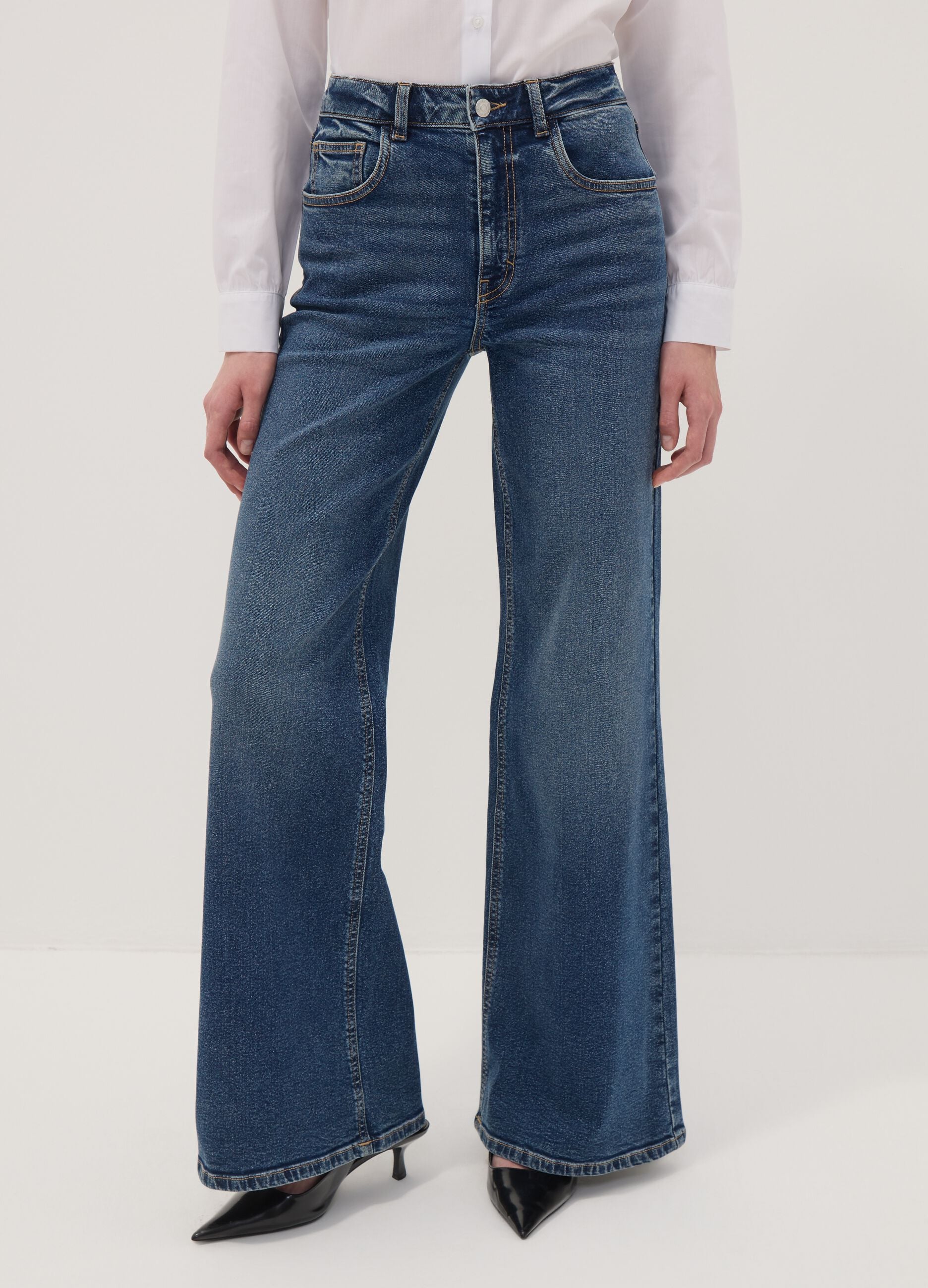 Jeans blu wide leg in cotone elasticizzato a vita alta