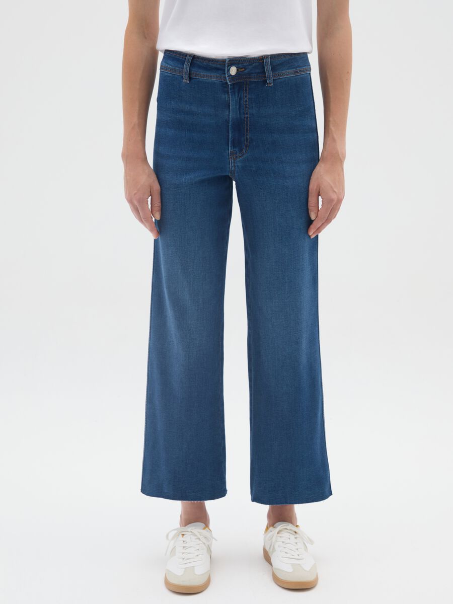 Blue Wide Leg Stretch Cotton Blend Jeans_1