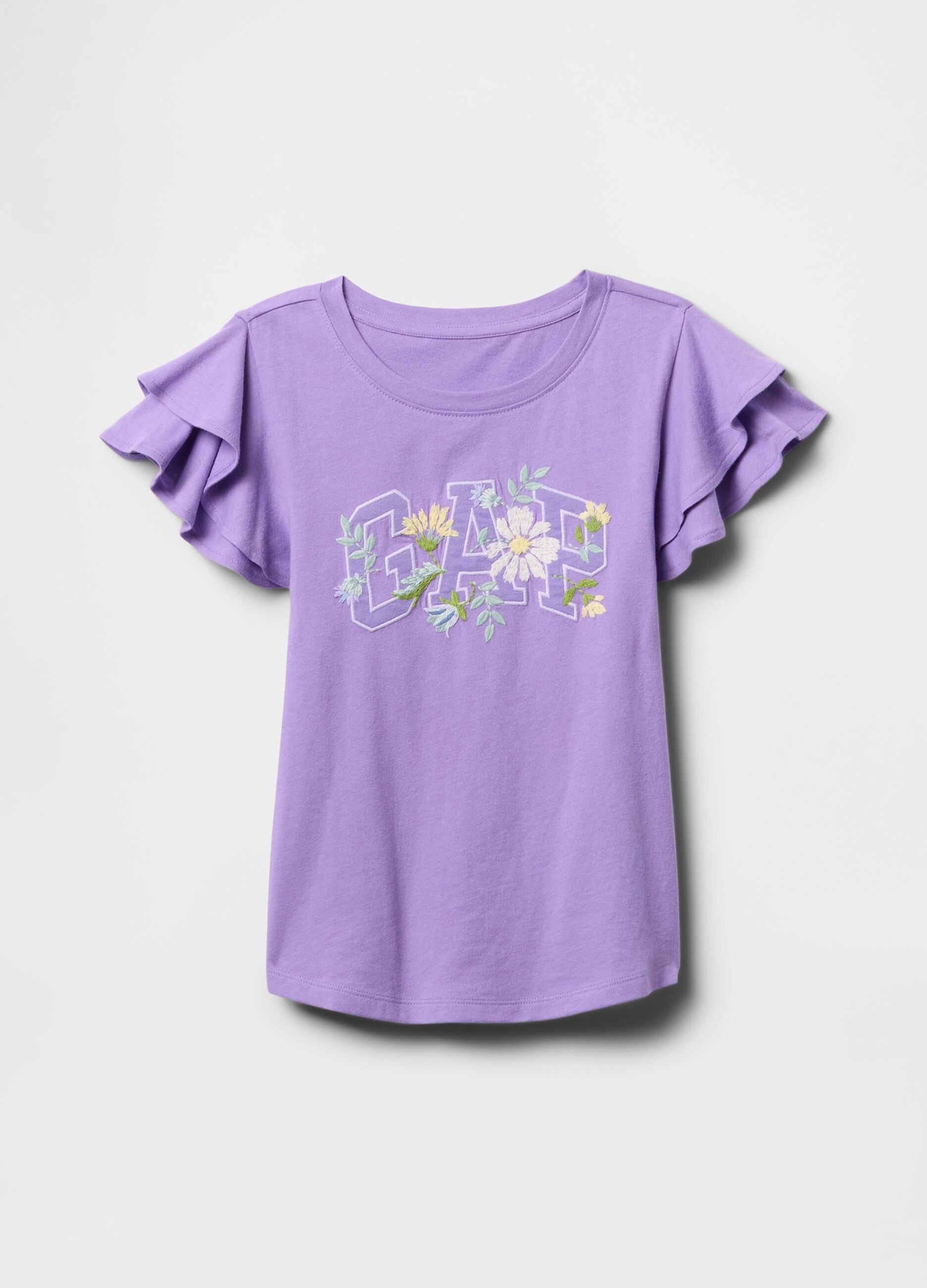 Purple short sleeve T-shirt with ruffles and GAP logo
