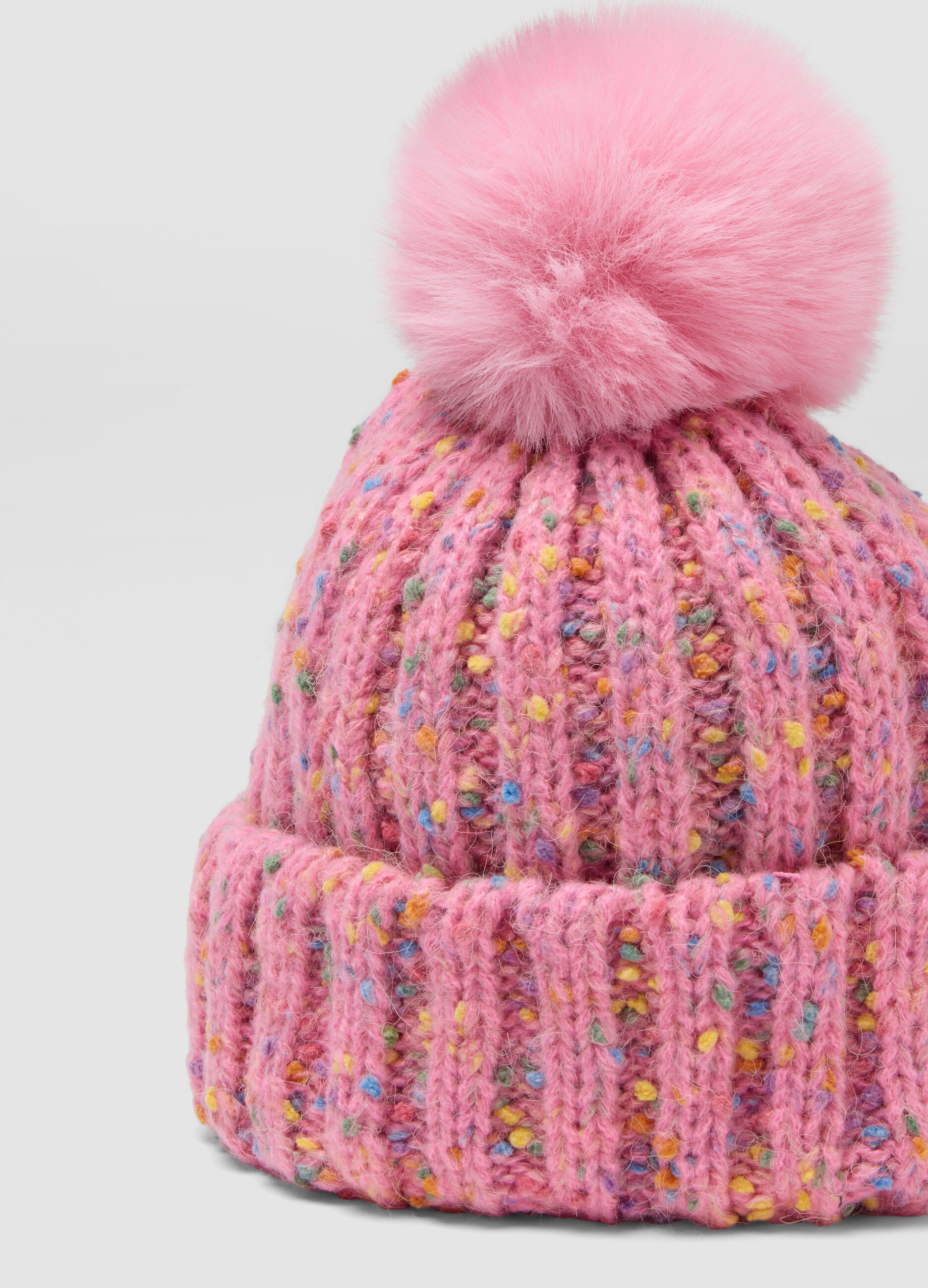 Pink rib-knit hat with pompom