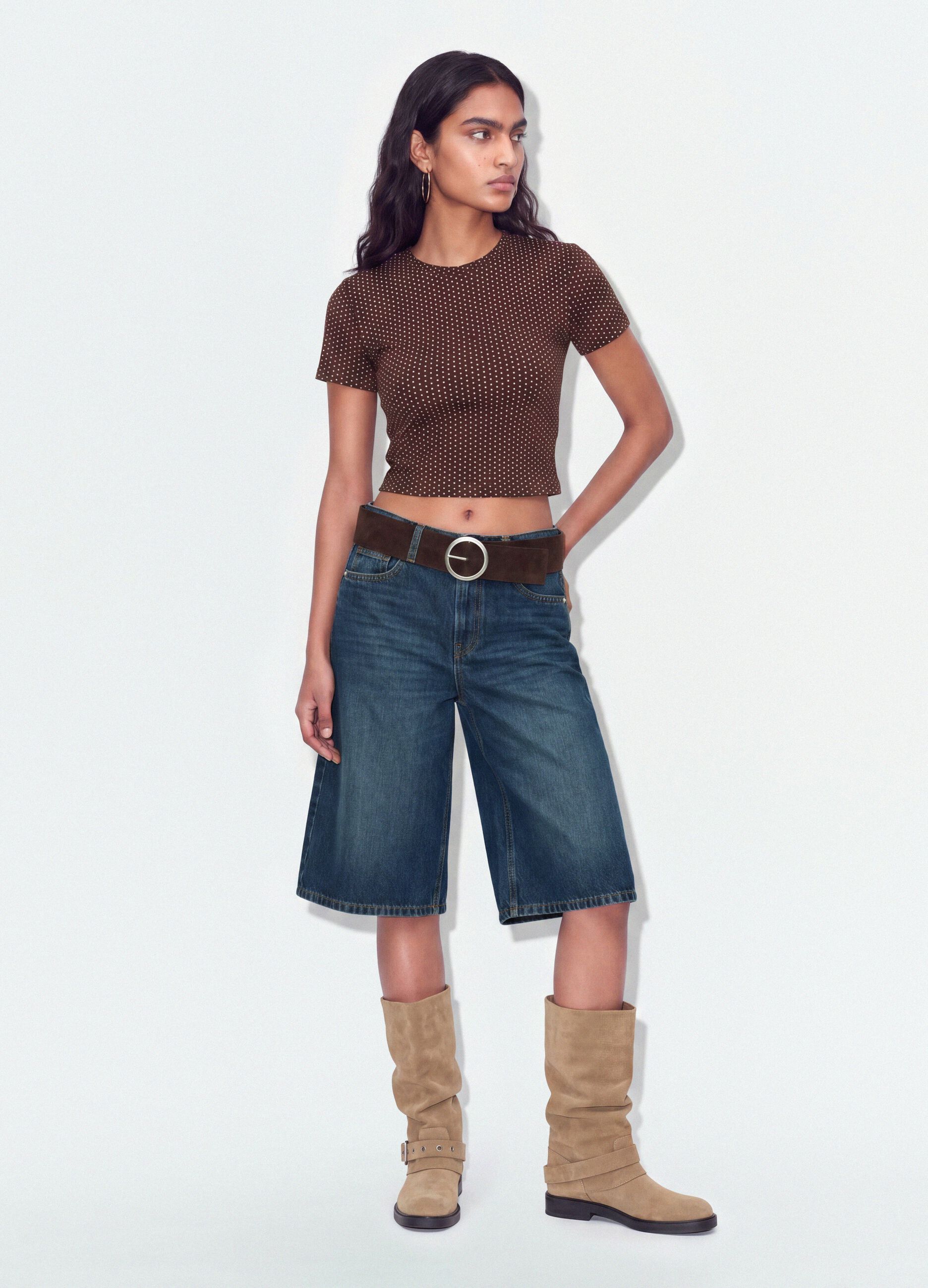 Brown polka-dot cropped pure cotton T-shirt, regular fit
