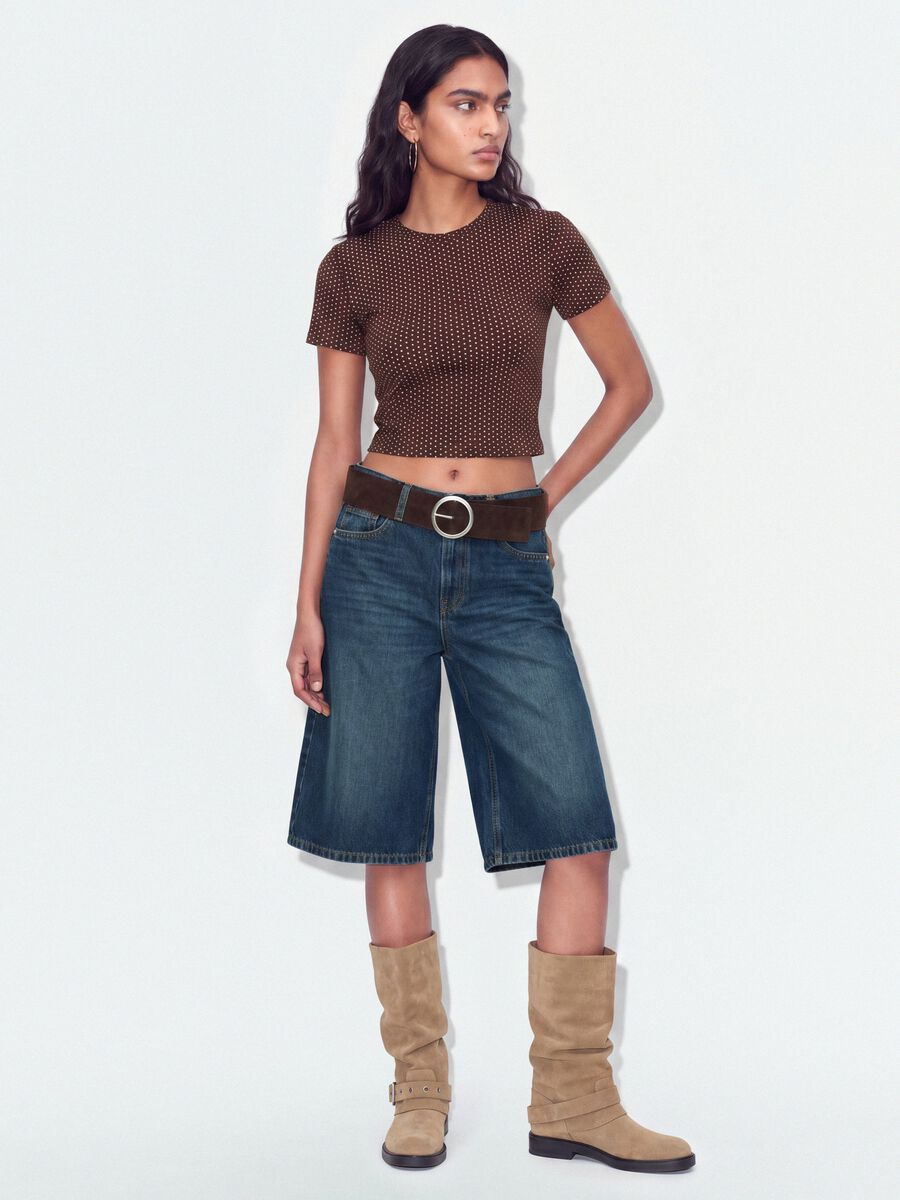 Brown polka-dot cropped pure cotton T-shirt, regular fit_1