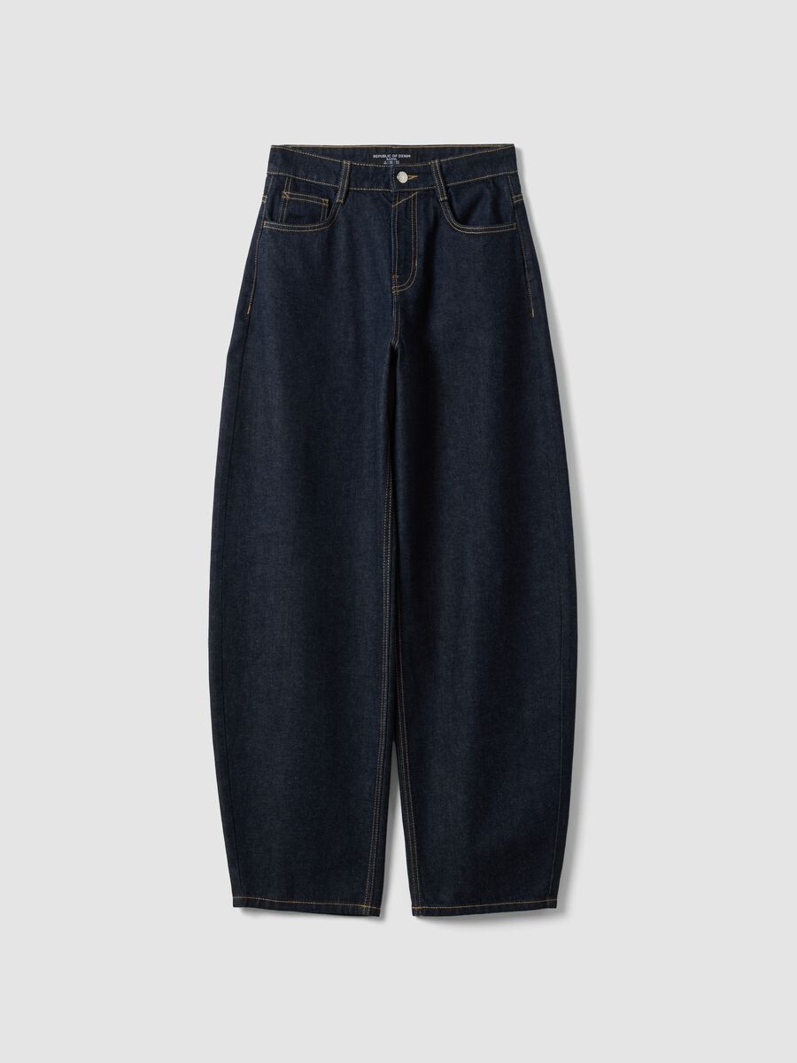 Dark wash pure cotton denim barrel-fit jeans_4