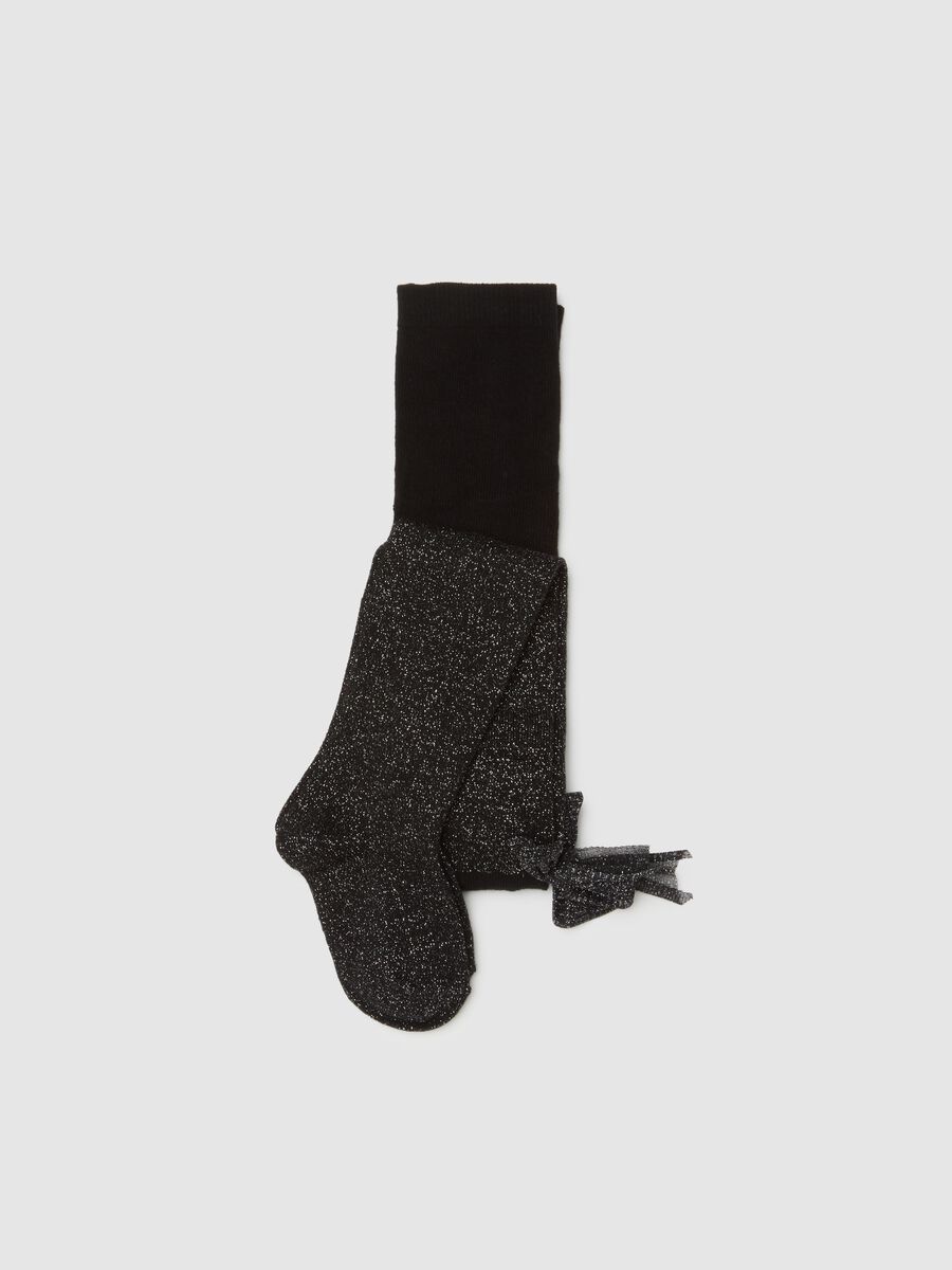 Girls' Black Glitter Cotton Blend Tights with Bow_0