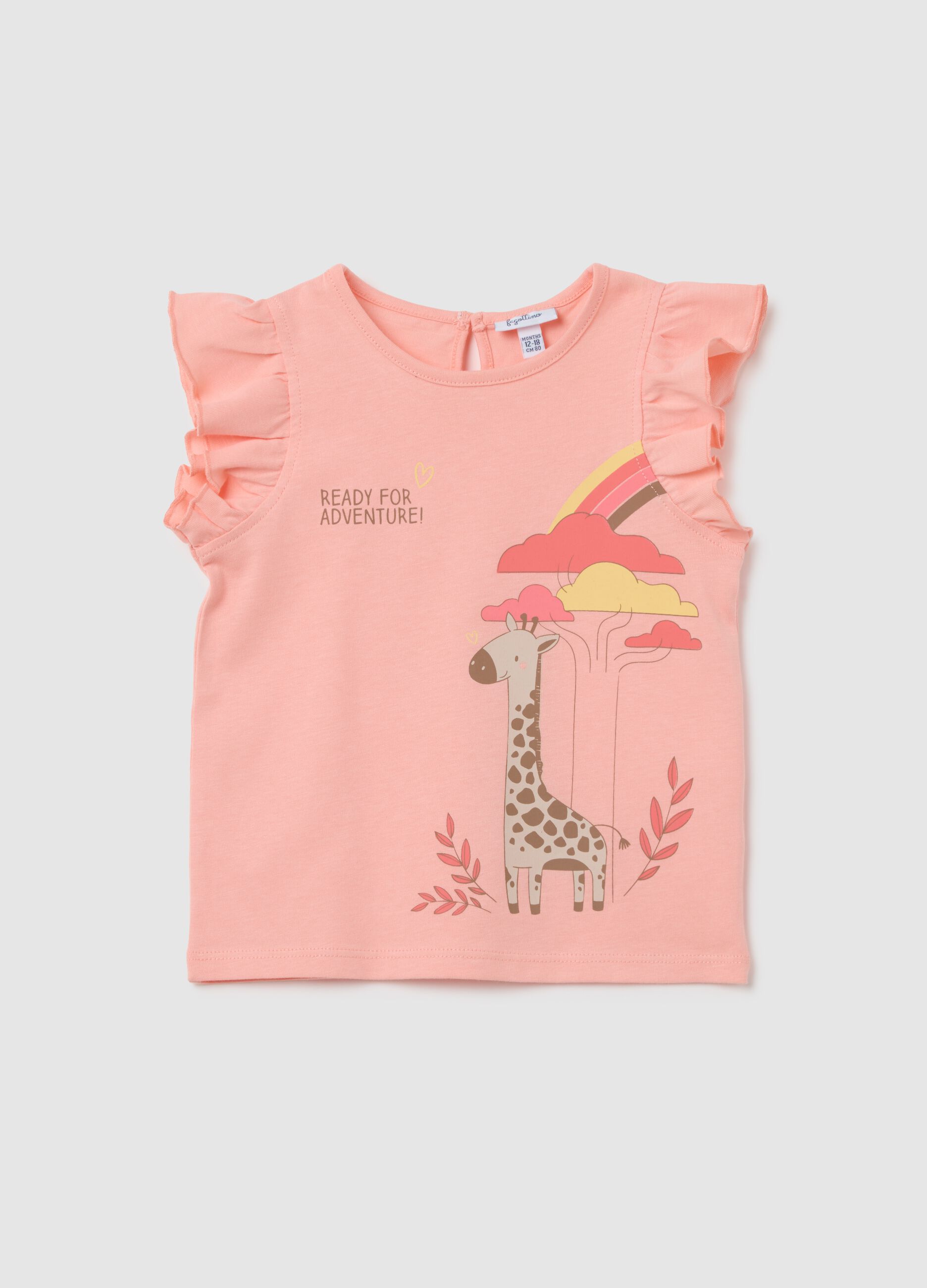 Pink regular-fit pure cotton girl's top with ruffled sleeves and print