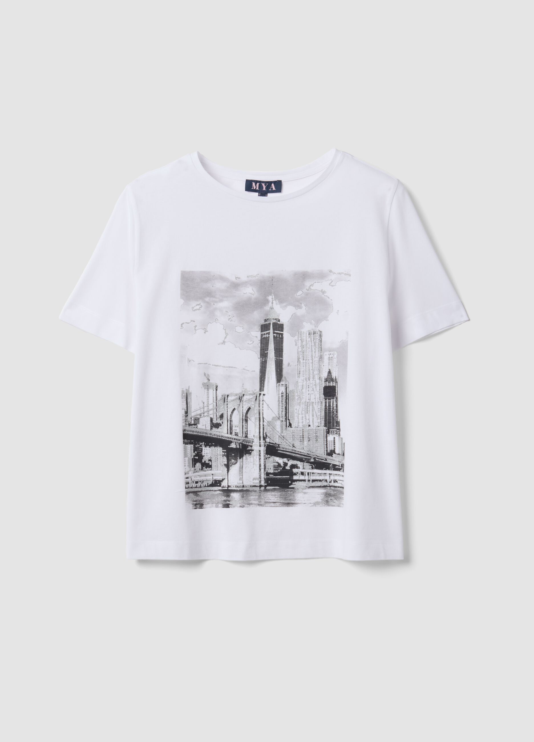 White pure cotton T-shirt with graphic print, regular fit