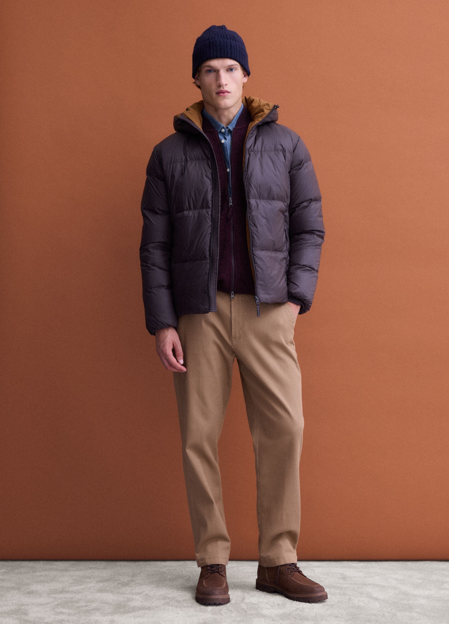 Brown padded puffer jacket with hood and zip, regular fit
