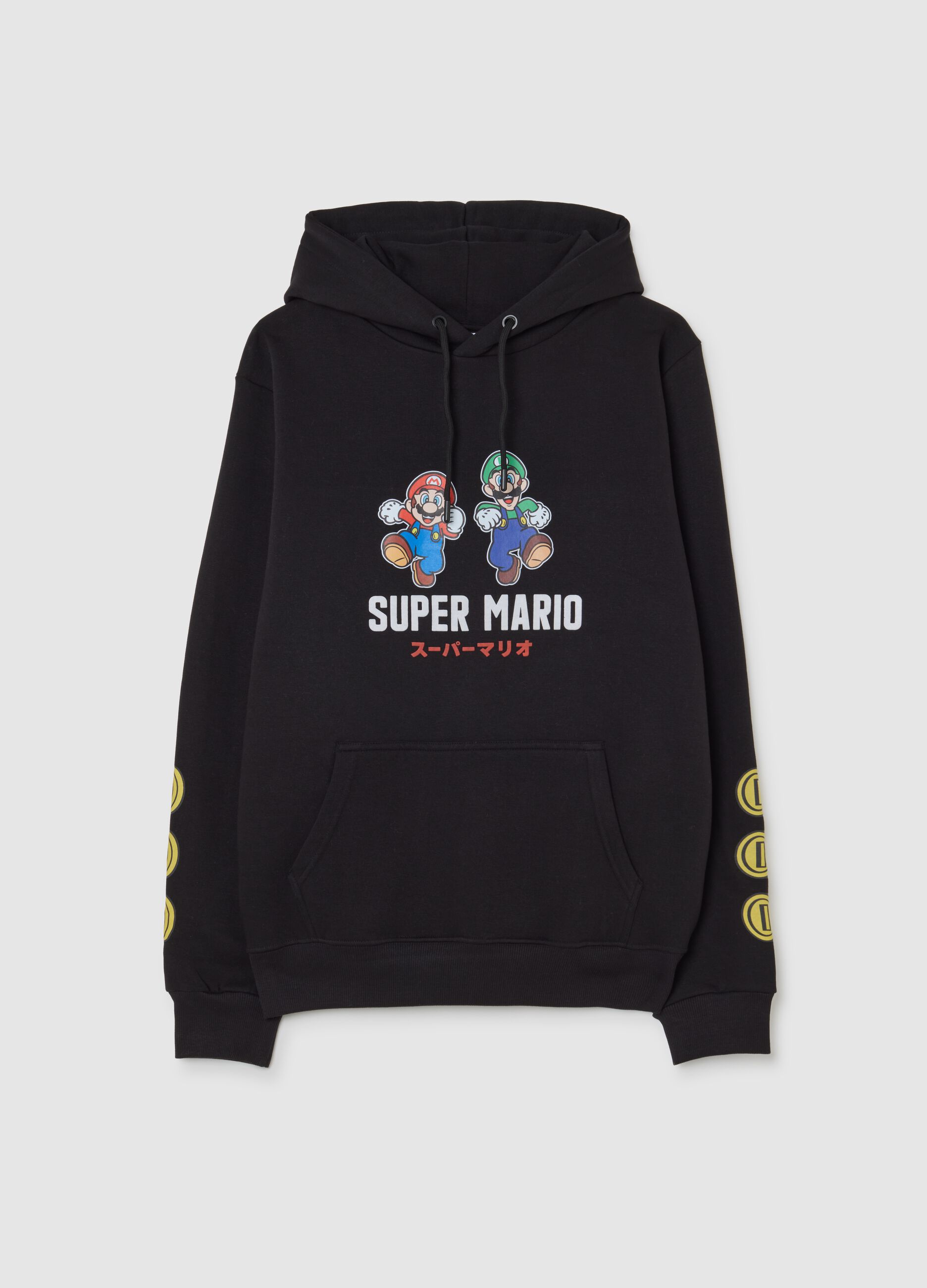 Black cotton blend hoodie with print