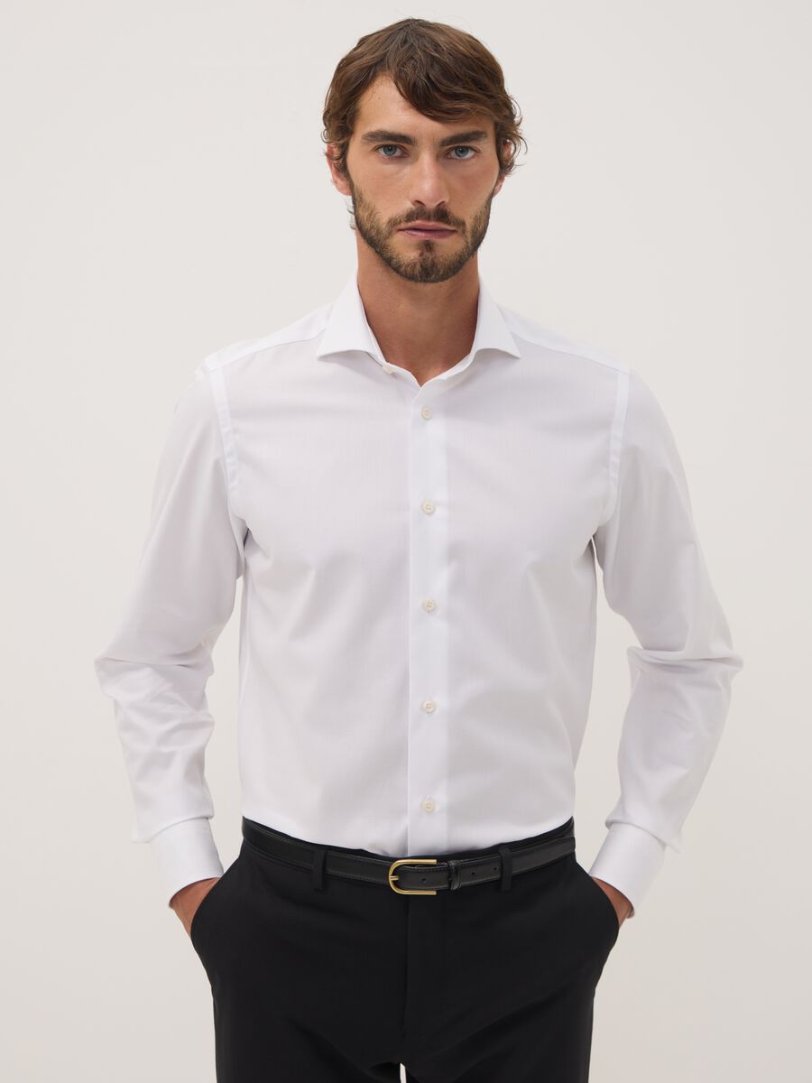 Camicia bianca in puro compact cotton con collo francese slim fit_0