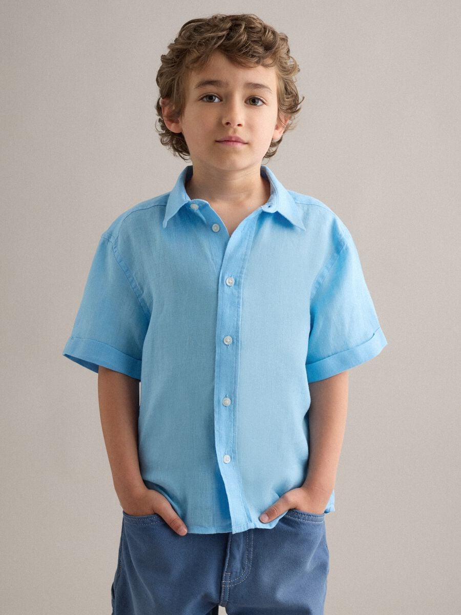 Camicia azzurra in puro lino per bambino over fit_1