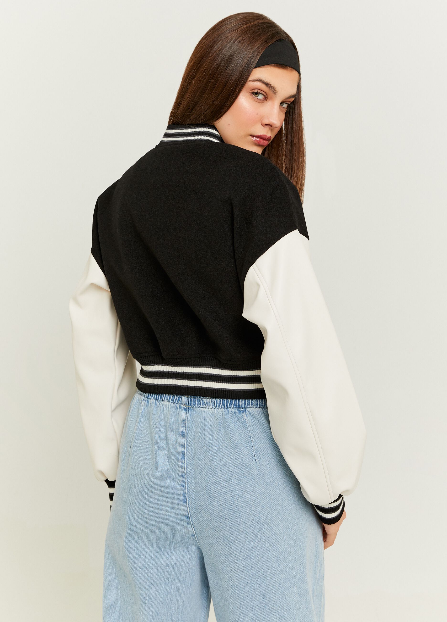 Varsity bomber jacket with glossy-effect sleeves