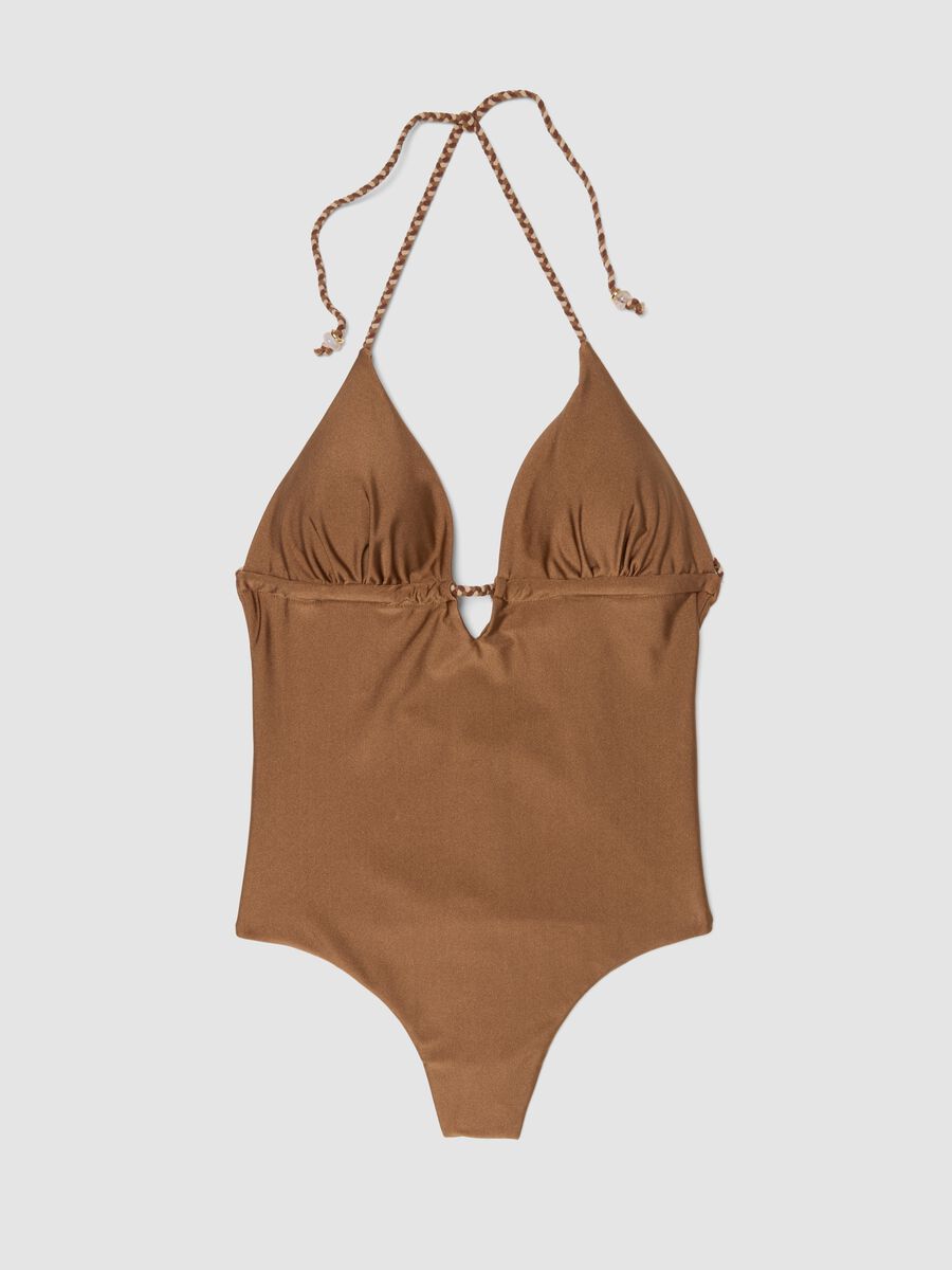 Brown stretch-fabric one-piece swimsuit with braided tie straps_4