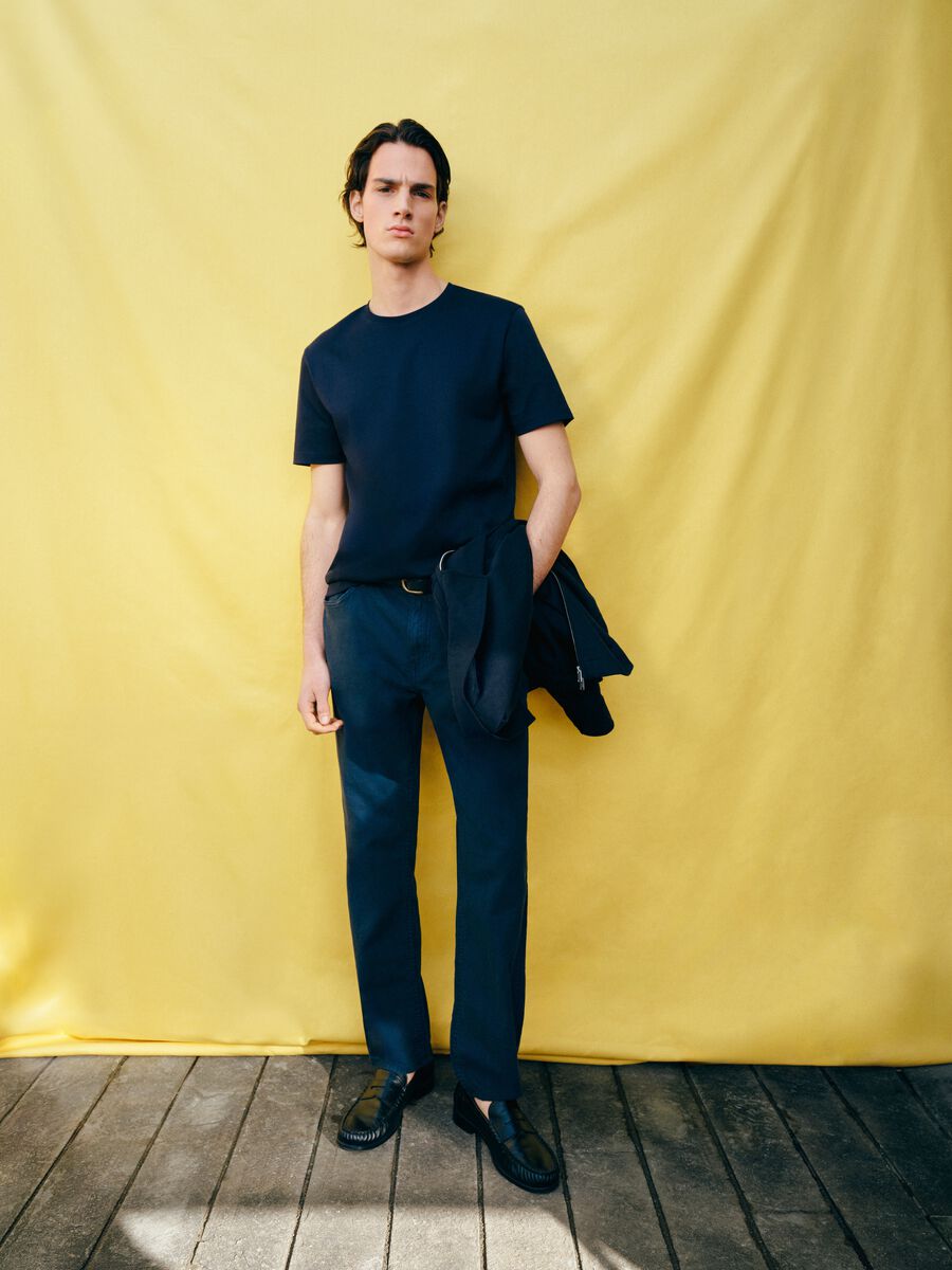 Casual blue linen-cotton blend trousers, regular fit_0