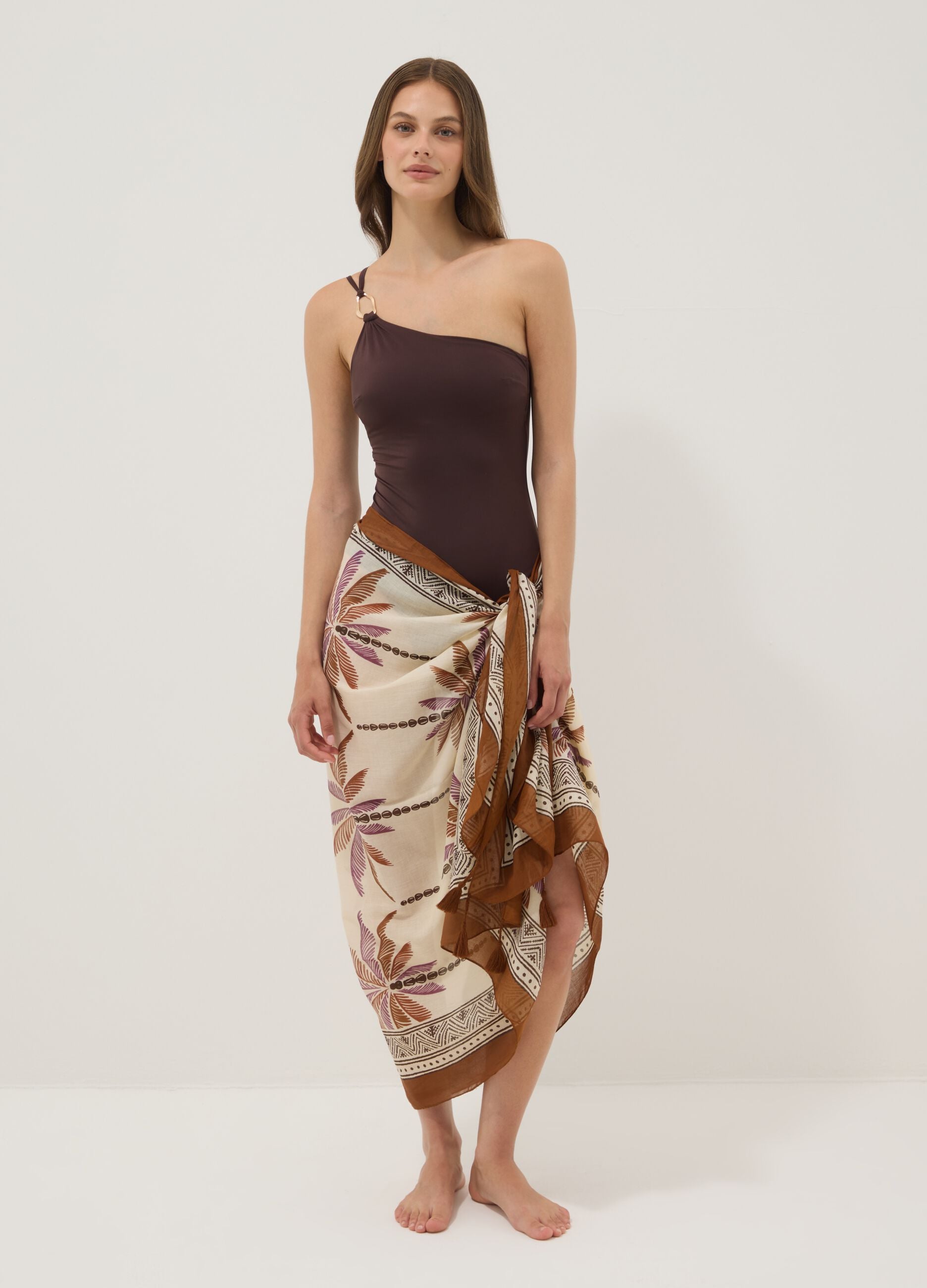 Brown pure cotton pareo with tropical print