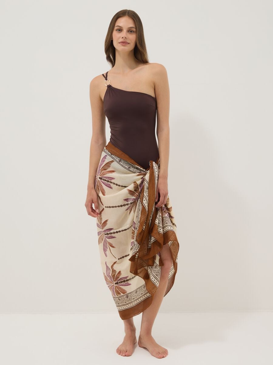 Pareo marrone in puro cotone con stampa tropicale_0