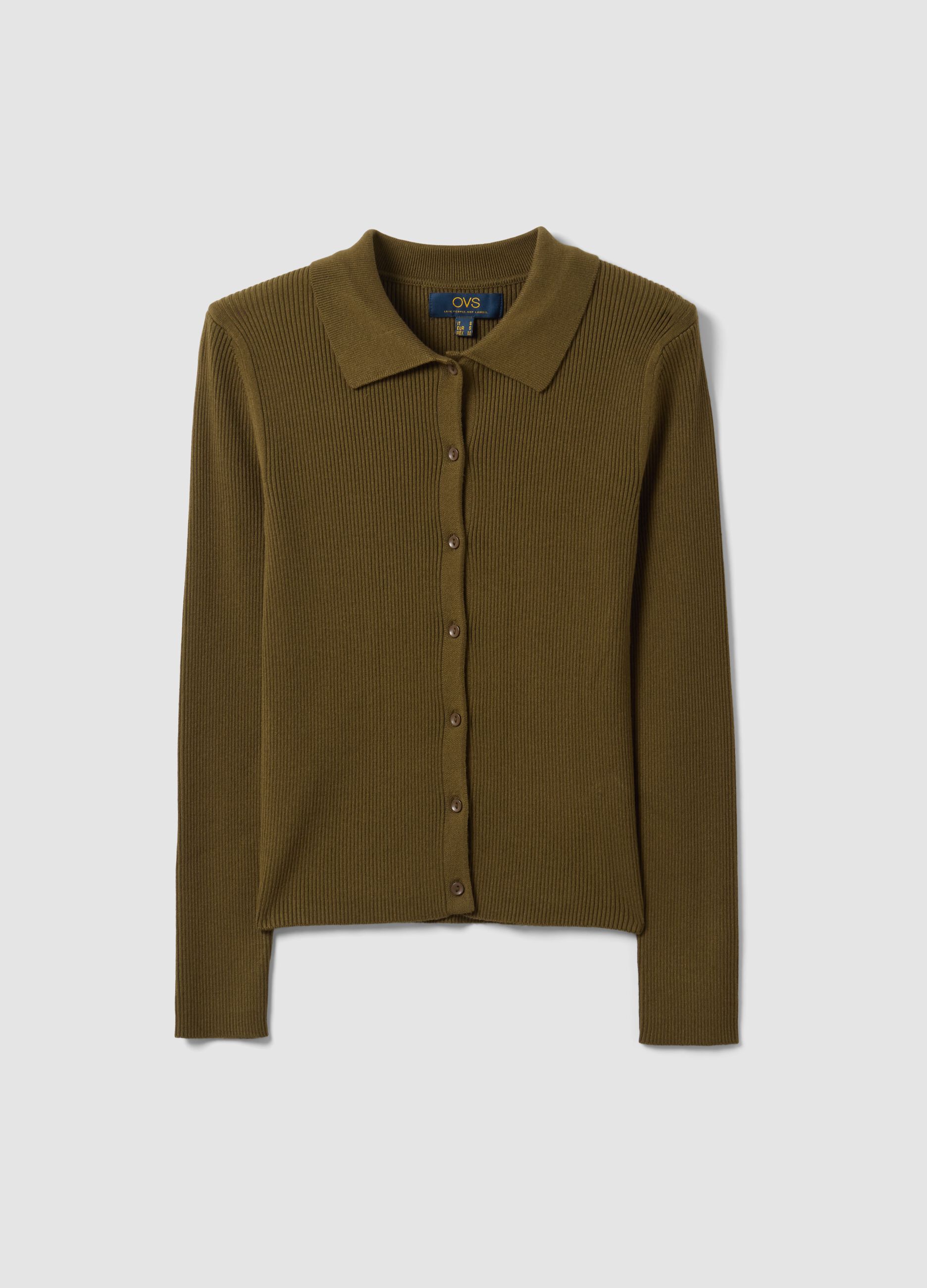 Cardigan fitted verde a coste in misto viscosa con colletto polo