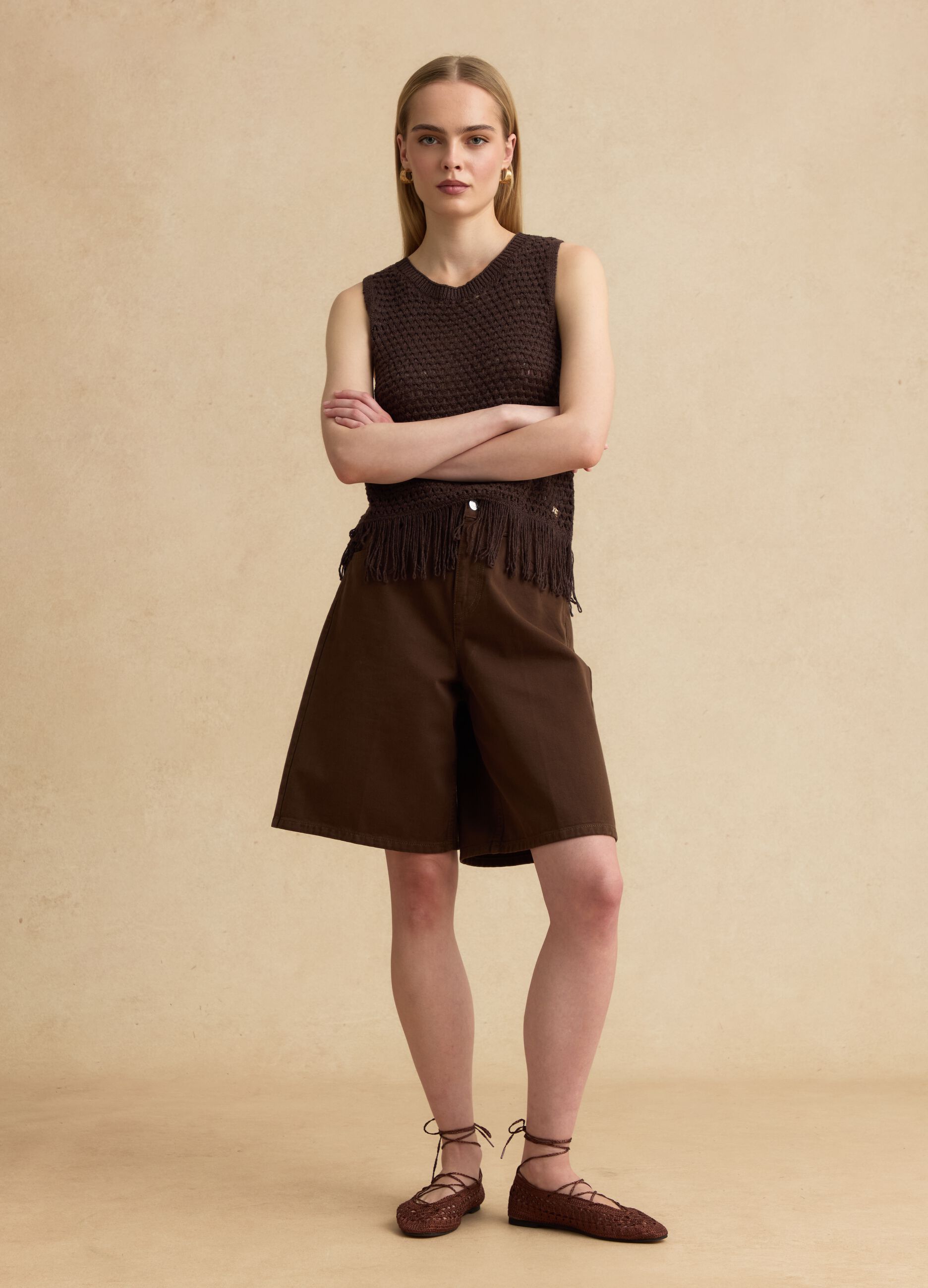 Brown open-knit viscose-blend top with fringes