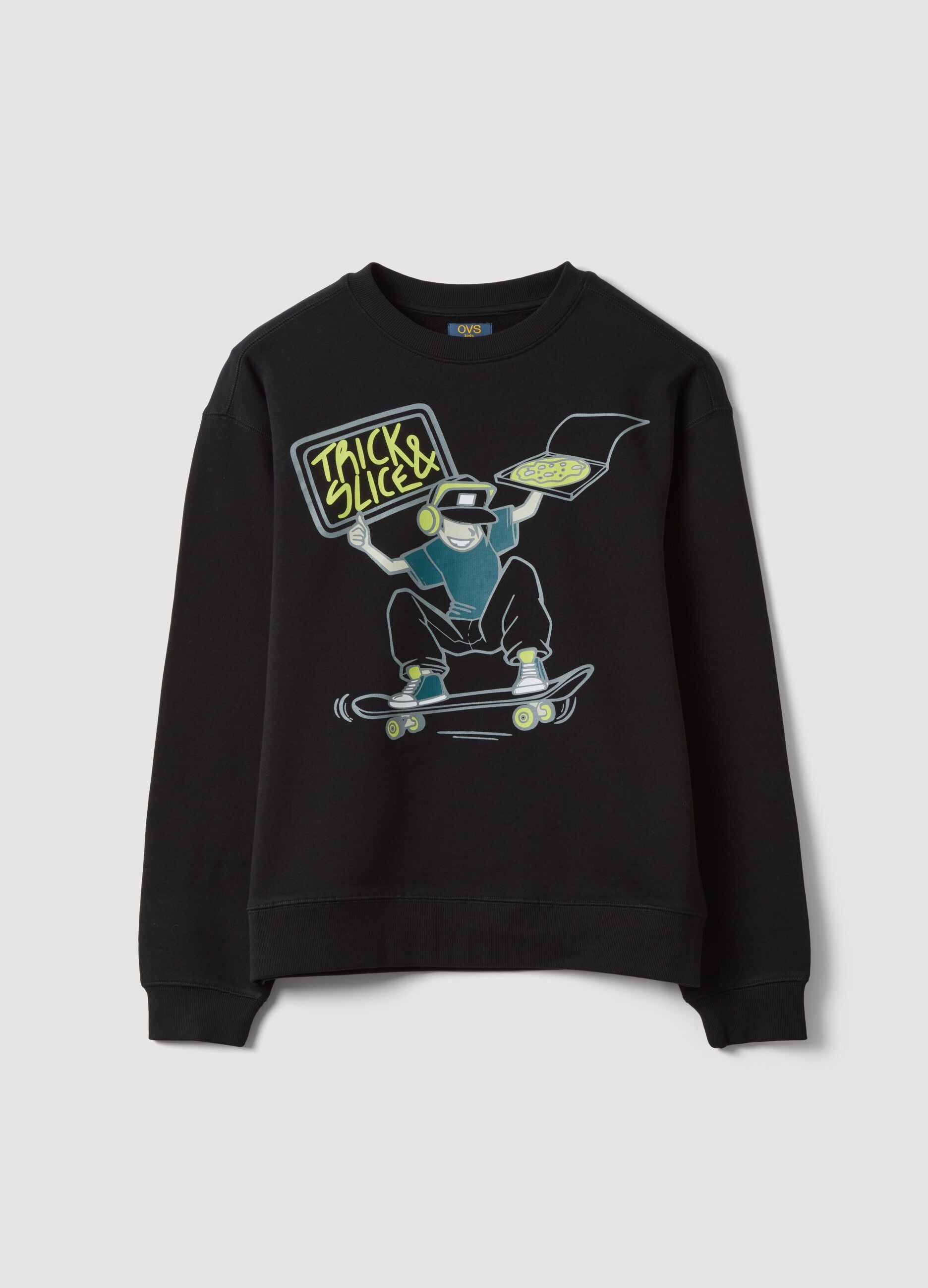 Black pure cotton crew-neck sweatshirt with print