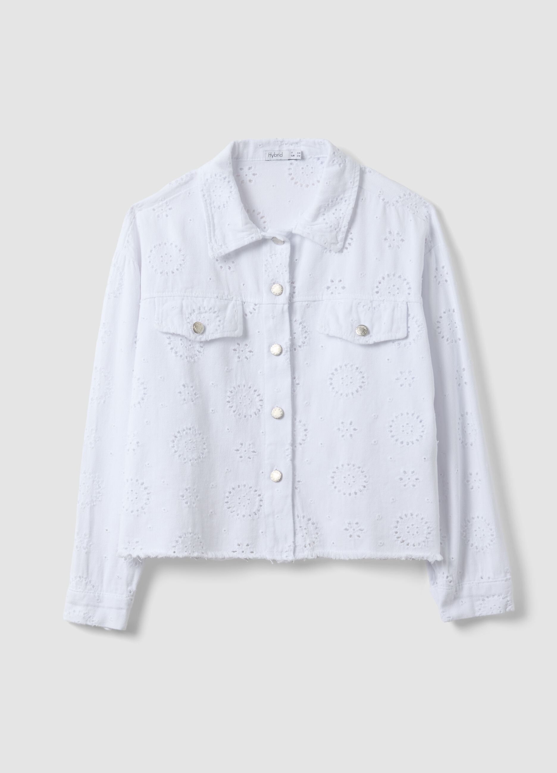 White pure cotton jacket with Broderie Anglaise embroidery, regular fit